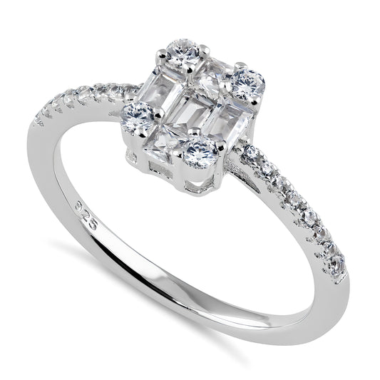 Sterling Silver Baguette Princess & Round Cut CZ Engagement Ring for Women, Princess Cubic Zirconia, Promise Ring Gift