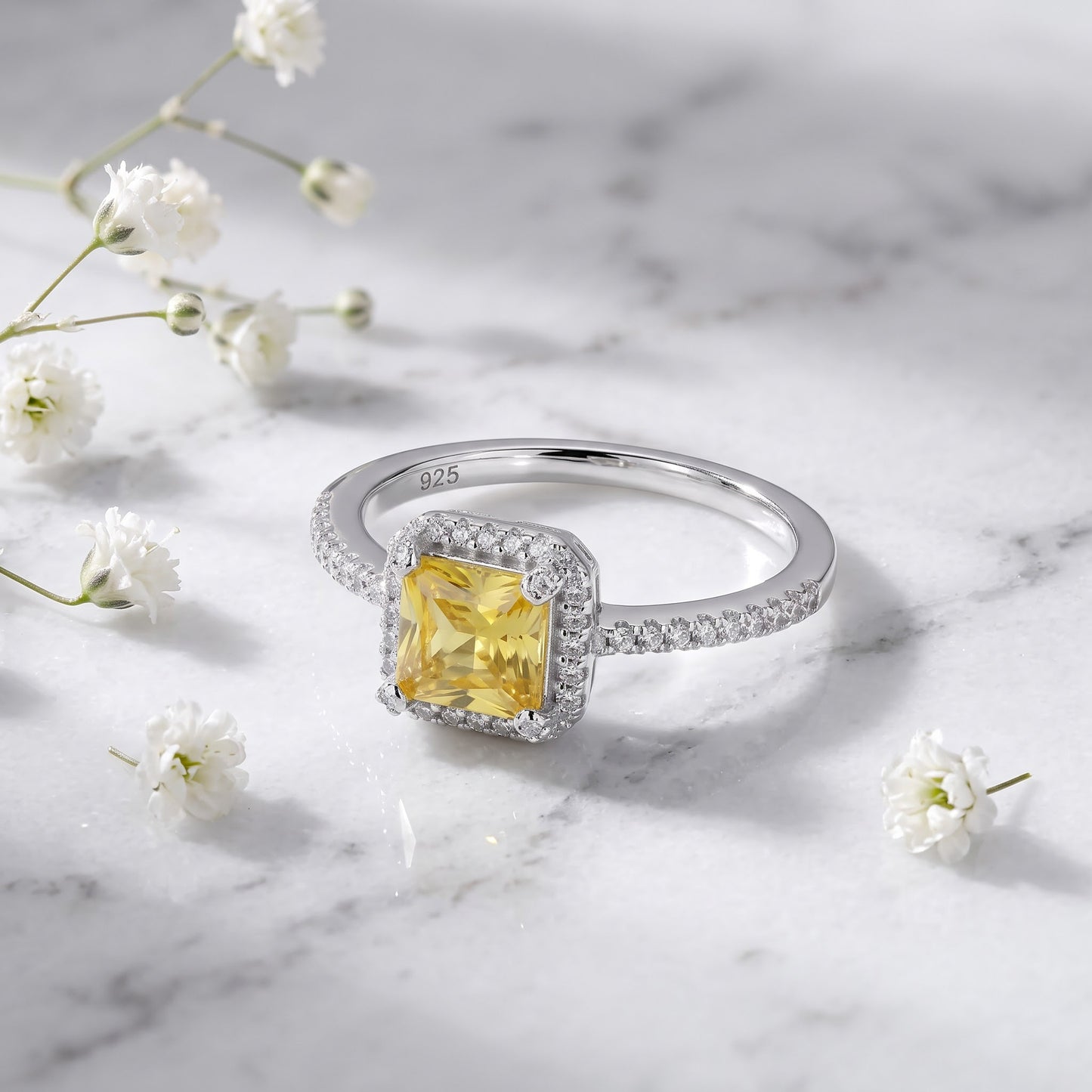 Sterling Silver Classic Princess Cut Halo Yellow CZ Ring for Women, Princess Cubic Zirconia, Promise Ring Gift view 1