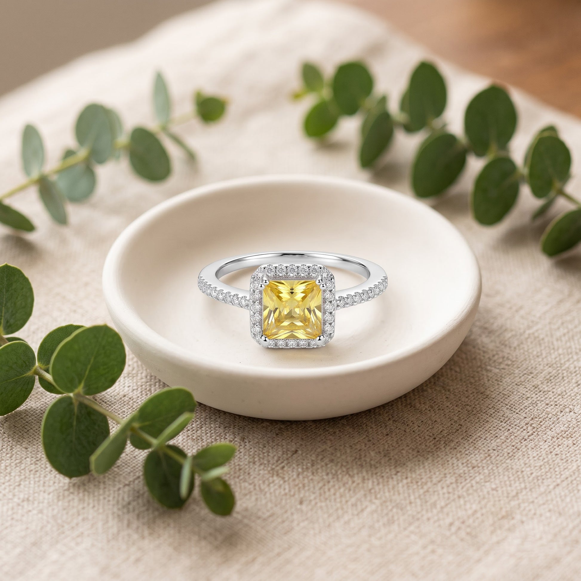 Sterling Silver Classic Princess Cut Halo Yellow CZ Ring for Women, Princess Cubic Zirconia, Promise Ring Gift view 2