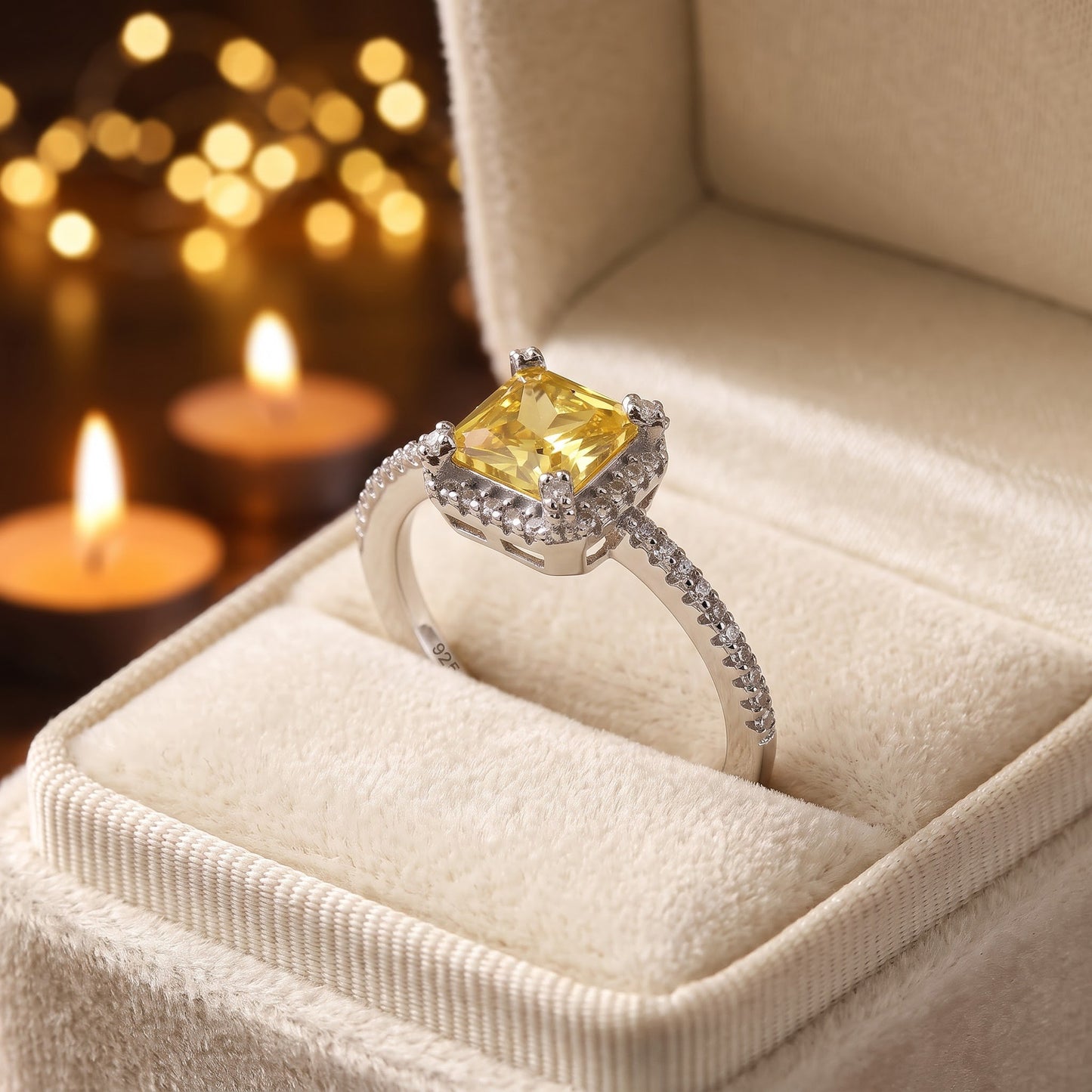 Sterling Silver Classic Princess Cut Halo Yellow CZ Ring for Women, Princess Cubic Zirconia, Promise Ring Gift view 3