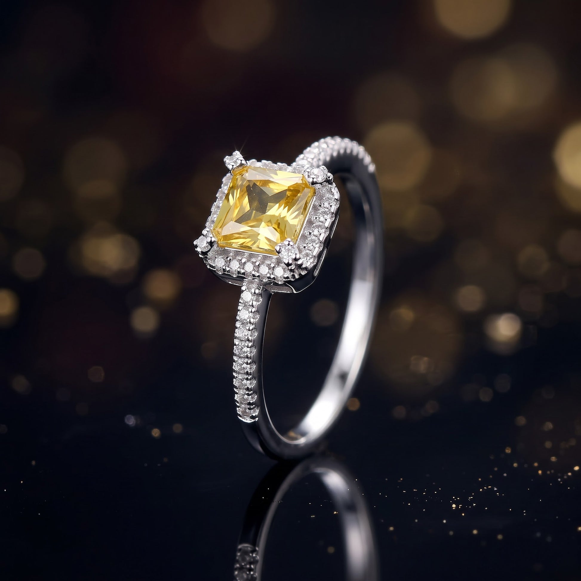 Sterling Silver Classic Princess Cut Halo Yellow CZ Ring for Women, Princess Cubic Zirconia, Promise Ring Gift view 4
