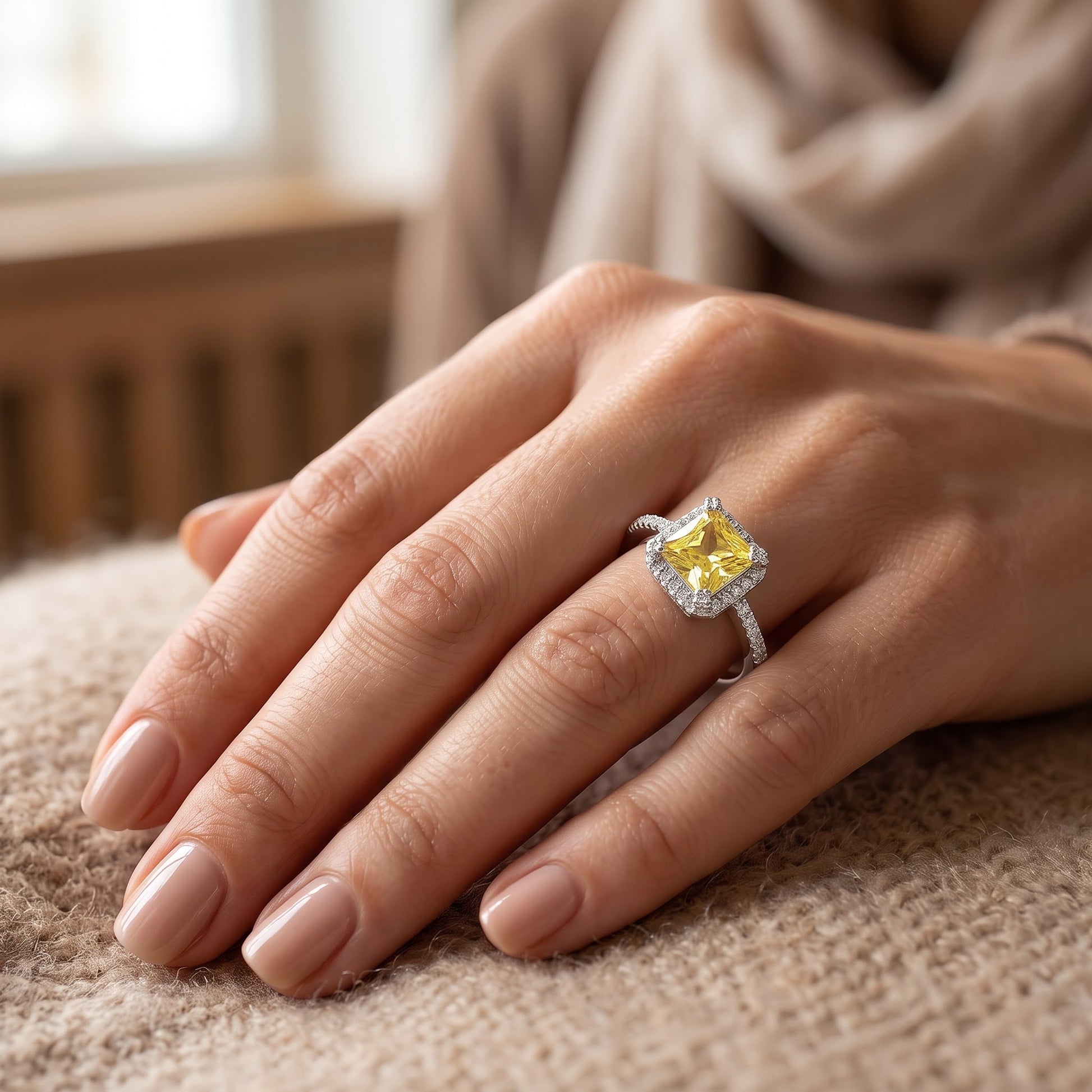 Sterling Silver Classic Princess Cut Halo Yellow CZ Ring for Women, Princess Cubic Zirconia, Promise Ring Gift view 5