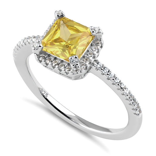 Sterling Silver Classic Princess Cut Halo Yellow CZ Ring for Women, Princess Cubic Zirconia, Promise Ring Gift