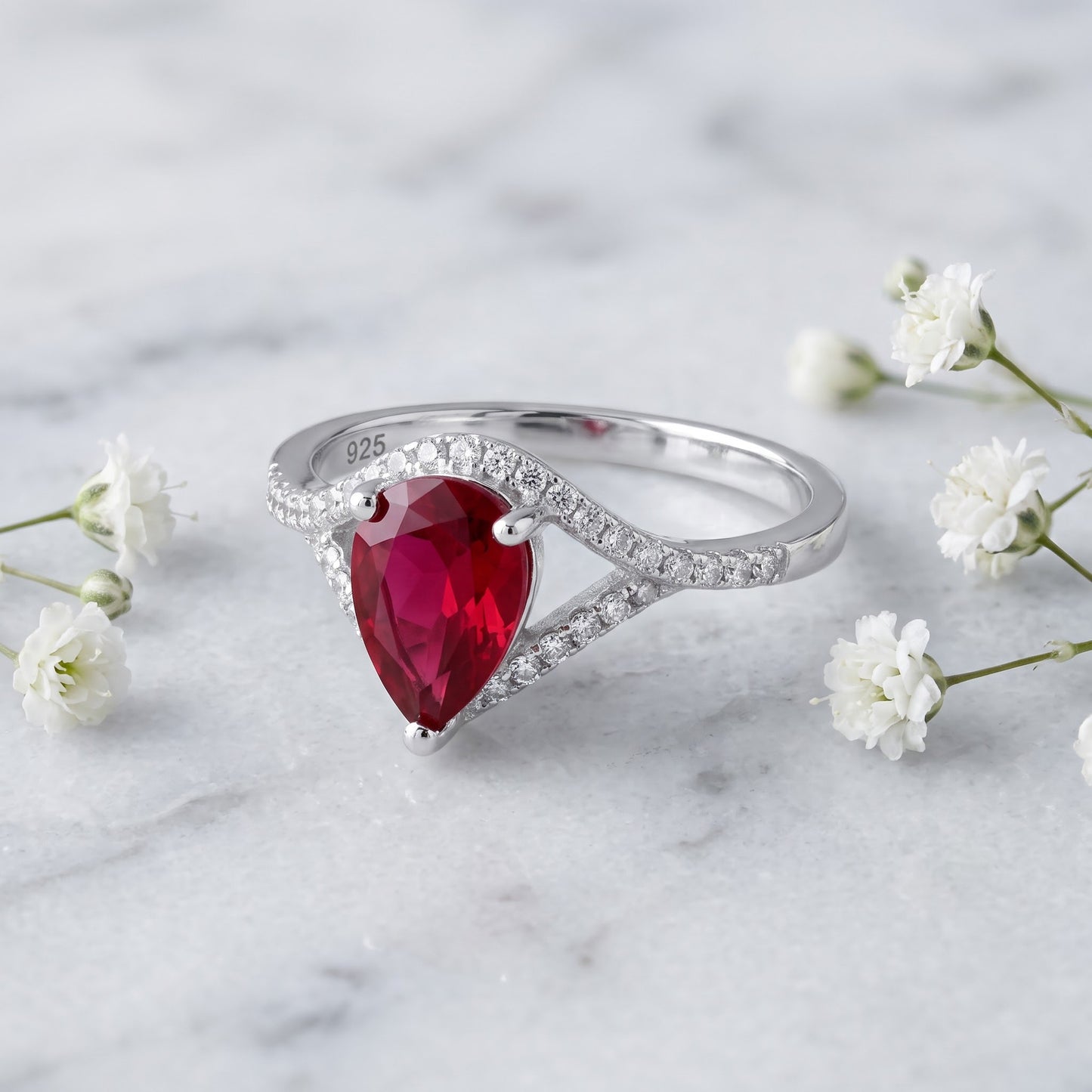 Sterling Silver Rose Gold Plated Ruby Pear CZ Ring for Women, Pear Cubic Zirconia, Promise Ring Gift view 1