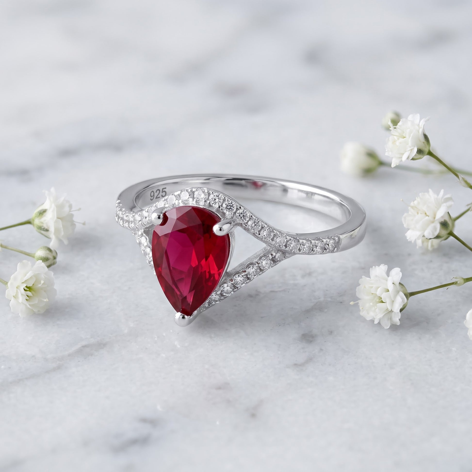 Sterling Silver Rose Gold Plated Ruby Pear CZ Ring for Women, Pear Cubic Zirconia, Promise Ring Gift view 1