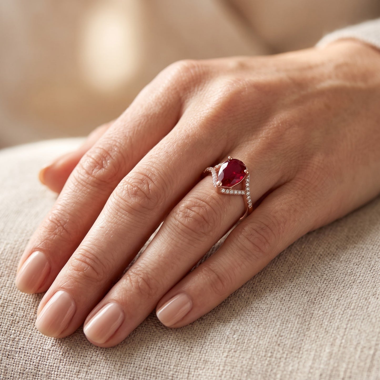 Sterling Silver Rose Gold Plated Ruby Pear CZ Ring for Women, Pear Cubic Zirconia, Promise Ring Gift view 5