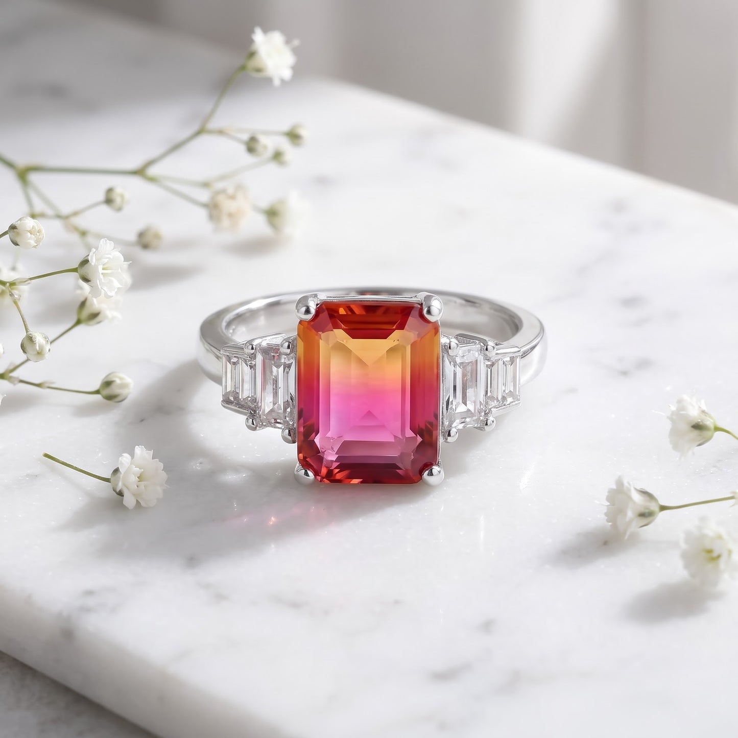 Sterling Silver Bicolor Orange Ruby Ombre CZ Ring for Women, Cubic Zirconia, Promise Ring Gift view 1