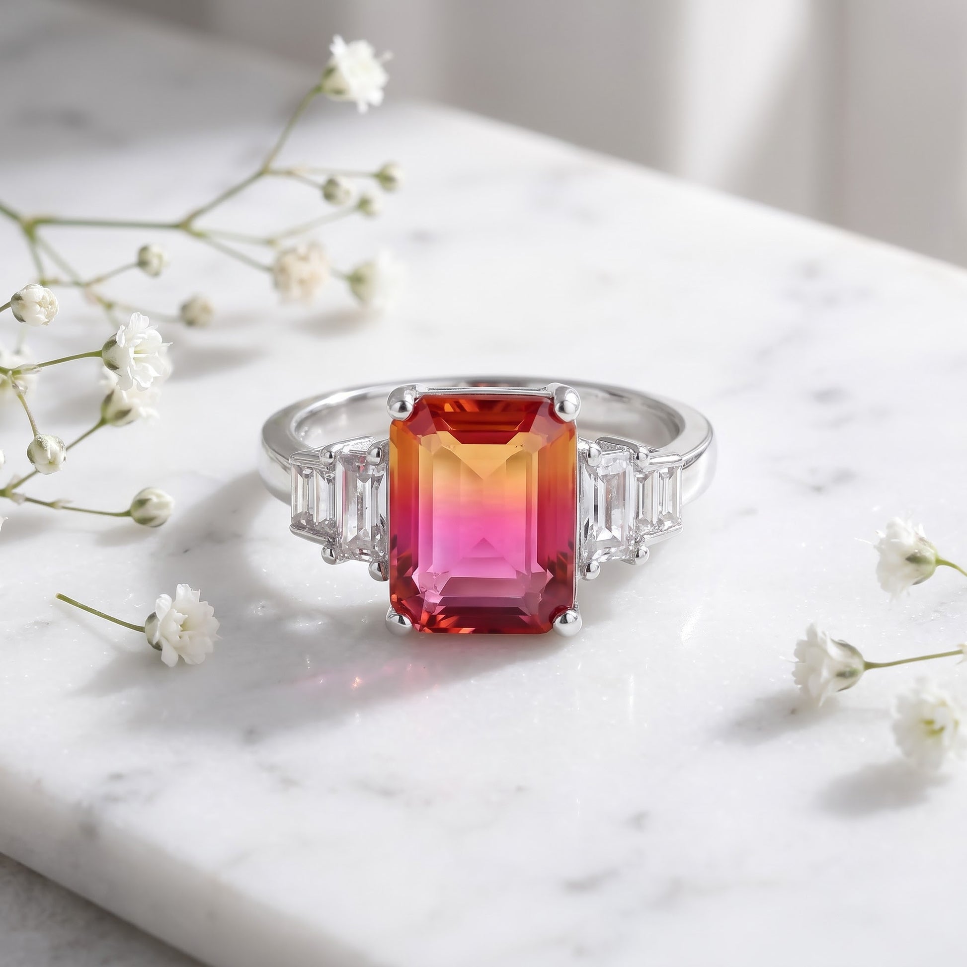 Sterling Silver Bicolor Orange Ruby Ombre CZ Ring for Women, Cubic Zirconia, Promise Ring Gift view 1