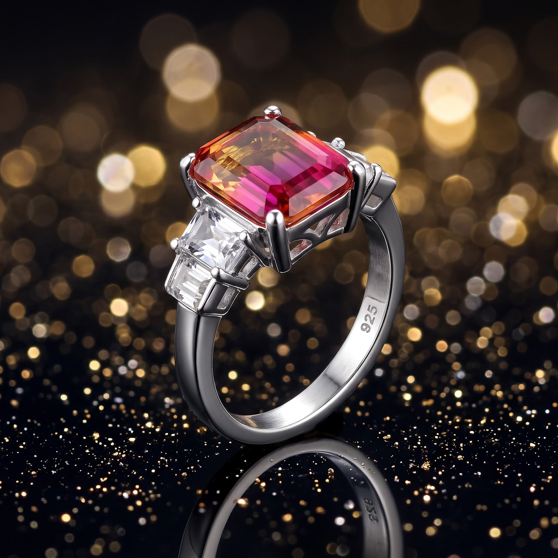 Sterling Silver Bicolor Orange Ruby Ombre CZ Ring for Women, Cubic Zirconia, Promise Ring Gift view 4