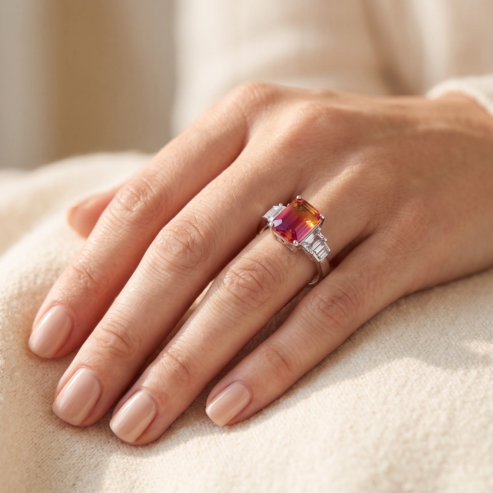 Sterling Silver Bicolor Orange Ruby Ombre CZ Ring for Women, Cubic Zirconia, Promise Ring Gift view 5