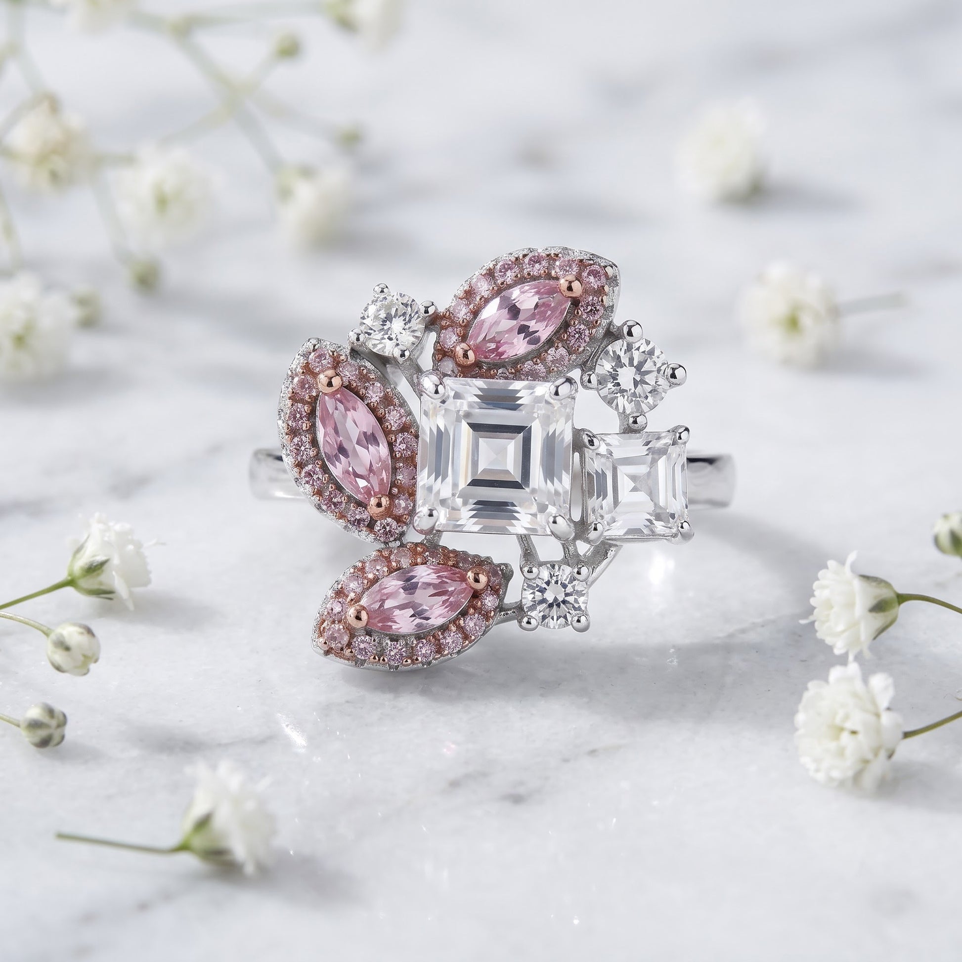 Sterling Silver Square Marquise & Round Cut Pink & White CZ Cluster Ring for Women, Square Cubic Zirconia, Promise Ring Gift view 1