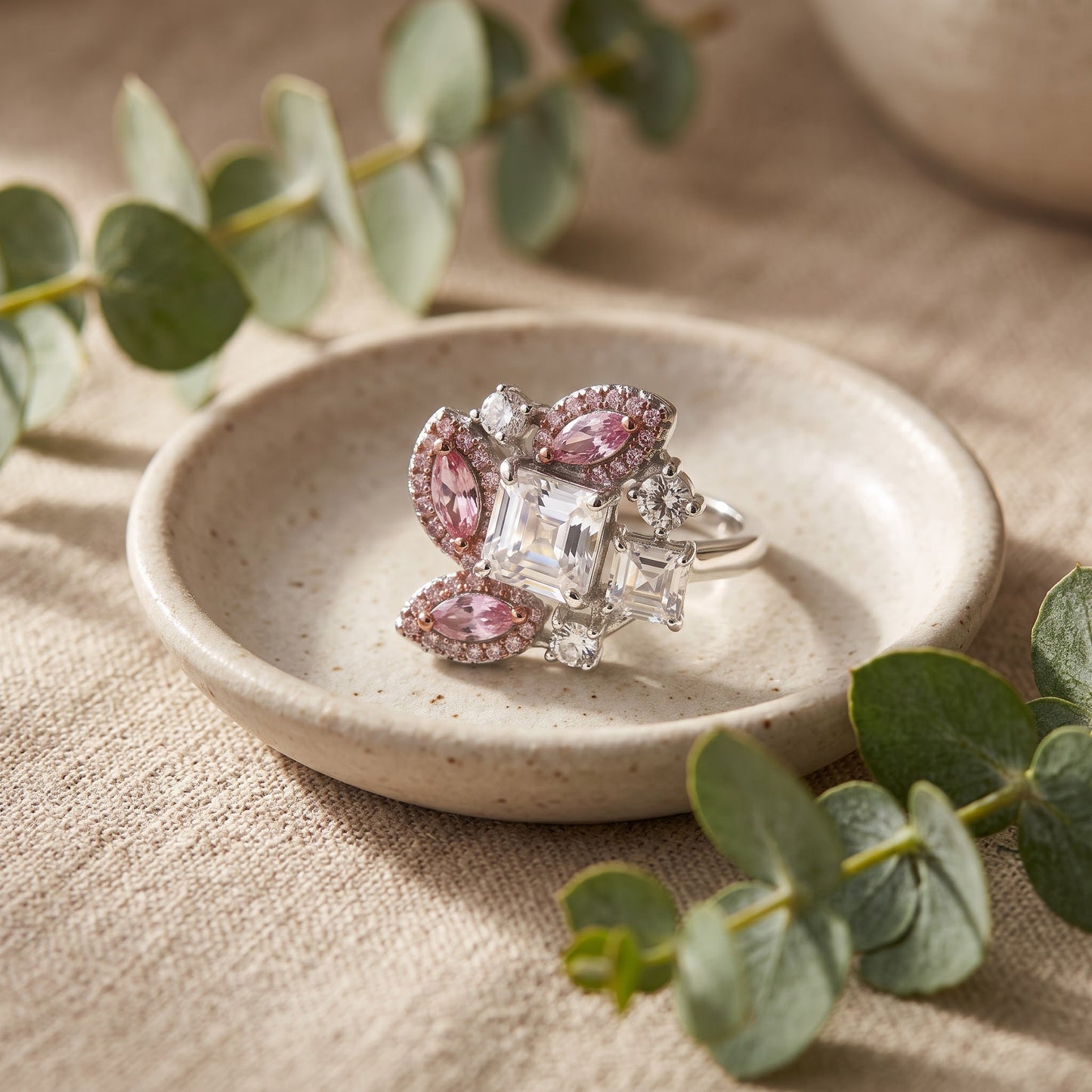 Sterling Silver Square Marquise & Round Cut Pink & White CZ Cluster Ring for Women, Square Cubic Zirconia, Promise Ring Gift view 2
