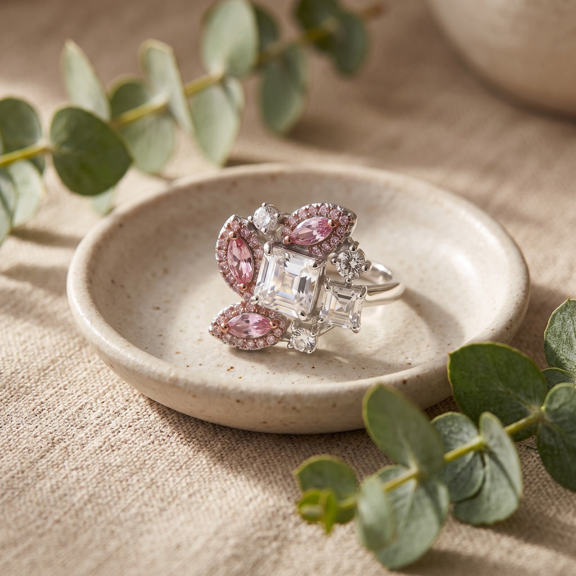 Sterling Silver Square Marquise & Round Cut Pink & White CZ Cluster Ring for Women, Square Cubic Zirconia, Promise Ring Gift view 2