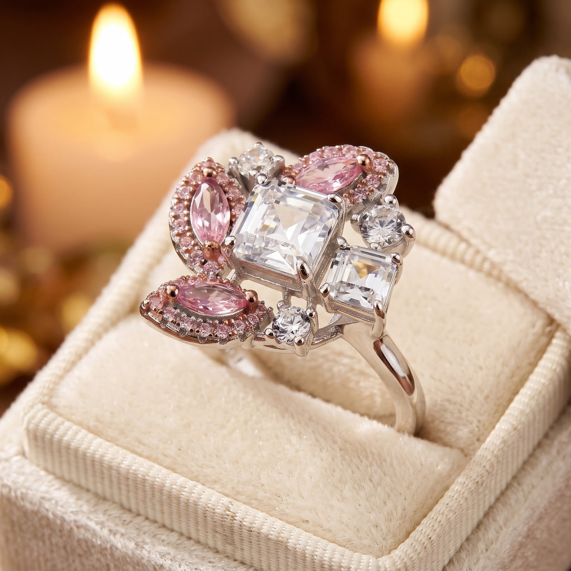 Sterling Silver Square Marquise & Round Cut Pink & White CZ Cluster Ring for Women, Square Cubic Zirconia, Promise Ring Gift view 3