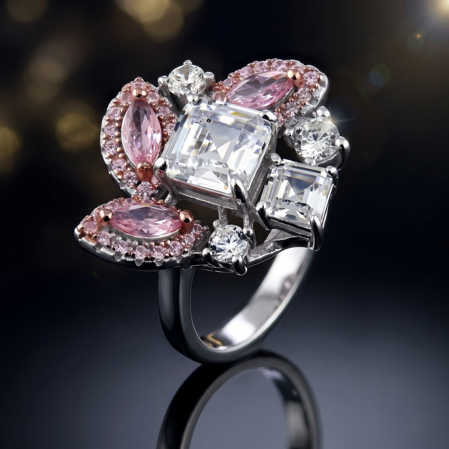 Sterling Silver Square Marquise & Round Cut Pink & White CZ Cluster Ring for Women, Square Cubic Zirconia, Promise Ring Gift view 4