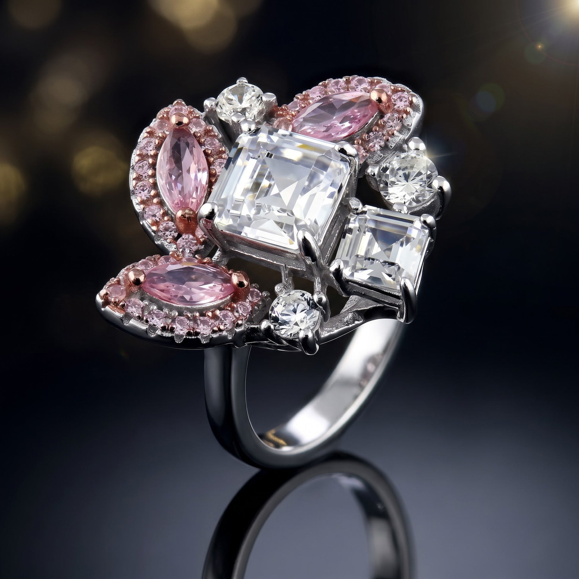 Sterling Silver Square Marquise & Round Cut Pink & White CZ Cluster Ring for Women, Square Cubic Zirconia, Promise Ring Gift view 4