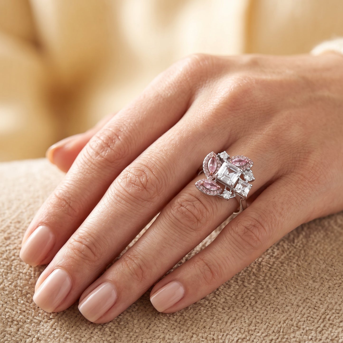 Sterling Silver Square Marquise & Round Cut Pink & White CZ Cluster Ring for Women, Square Cubic Zirconia, Promise Ring Gift view 5