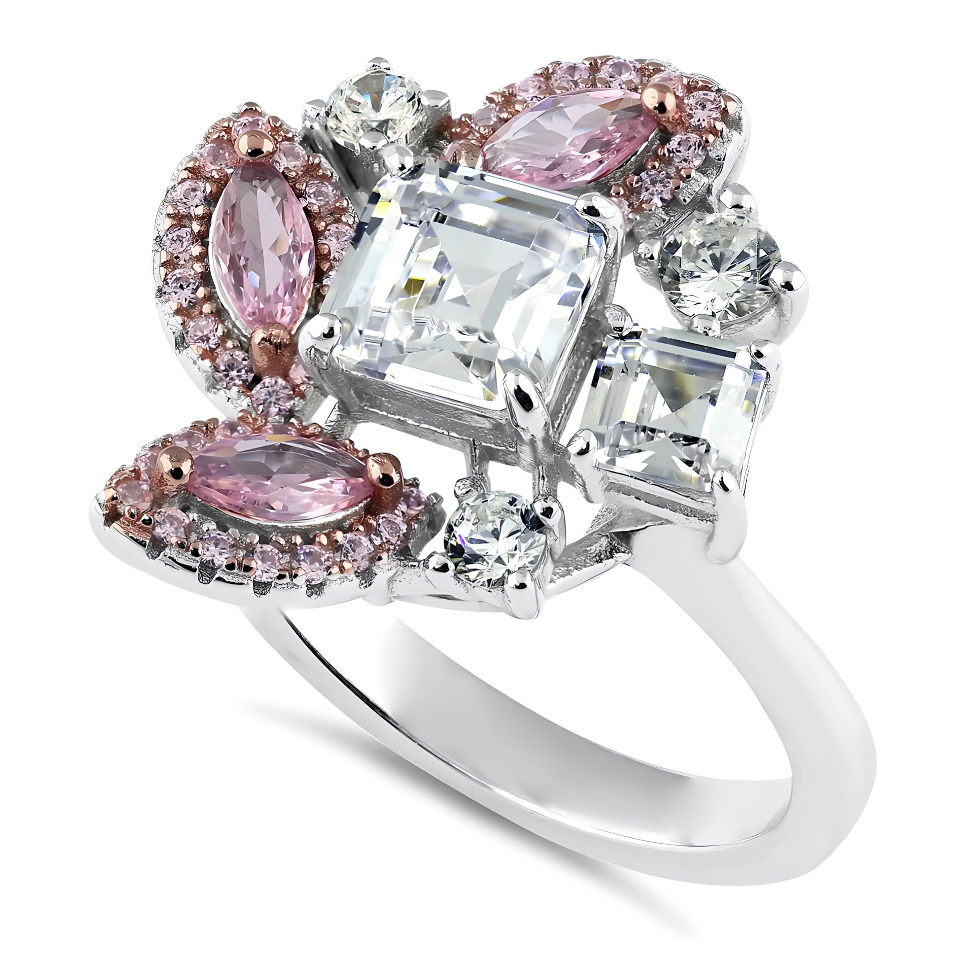 Sterling Silver Square Marquise & Round Cut Pink & White CZ Cluster Ring for Women, Square Cubic Zirconia, Promise Ring Gift