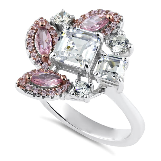 Sterling Silver Square Marquise & Round Cut Pink & White CZ Cluster Ring for Women, Square Cubic Zirconia, Promise Ring Gift