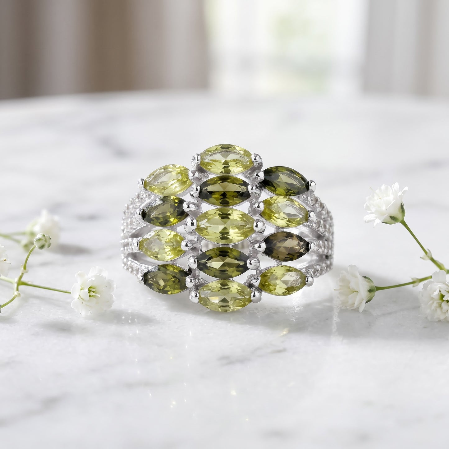 Sterling Silver Marquise Light & Dark Peridot CZ Cluster Ring for Women, Marquise Cubic Zirconia, Promise Ring Gift view 1