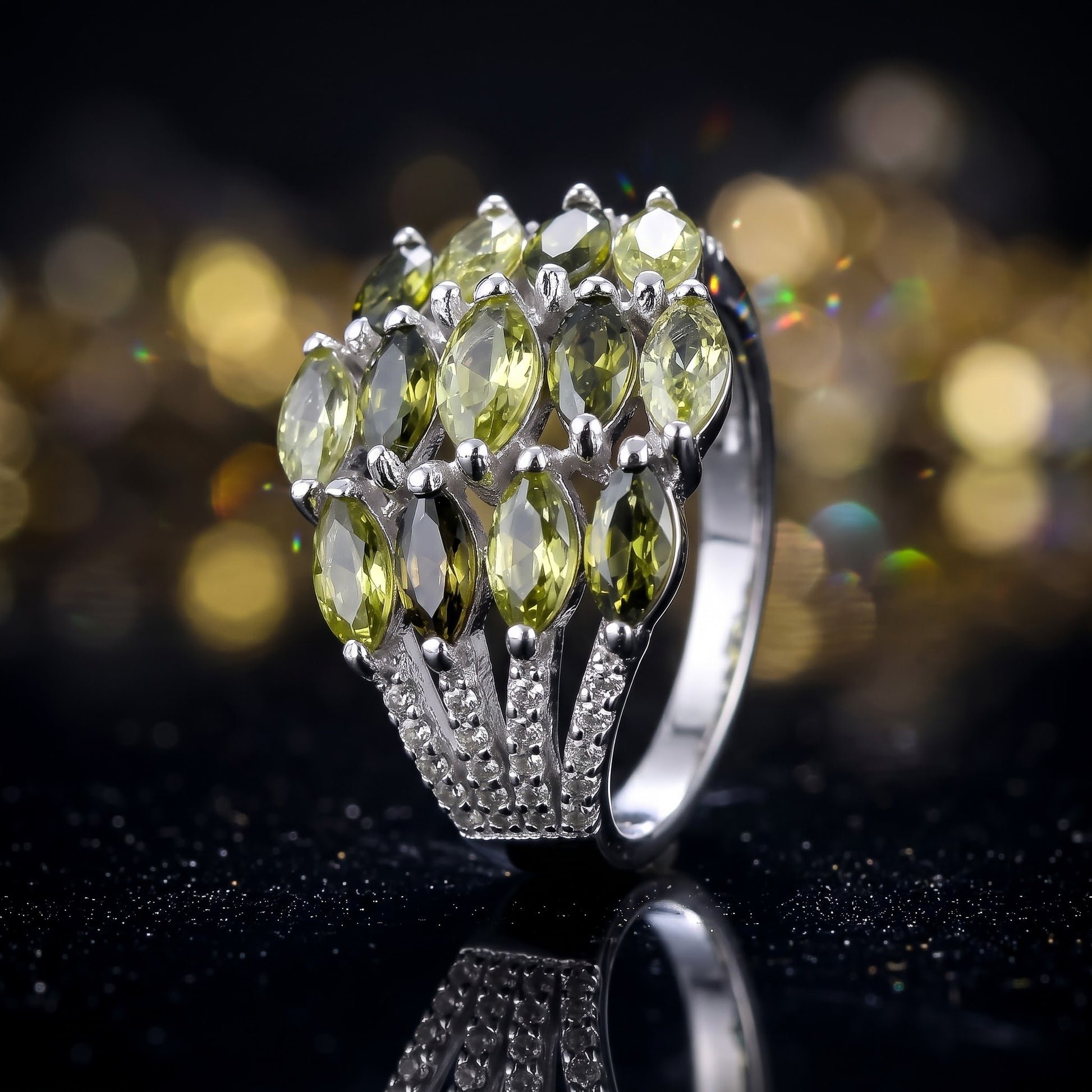 Sterling Silver Marquise Light & Dark Peridot CZ Cluster Ring for Women, Marquise Cubic Zirconia, Promise Ring Gift view 4