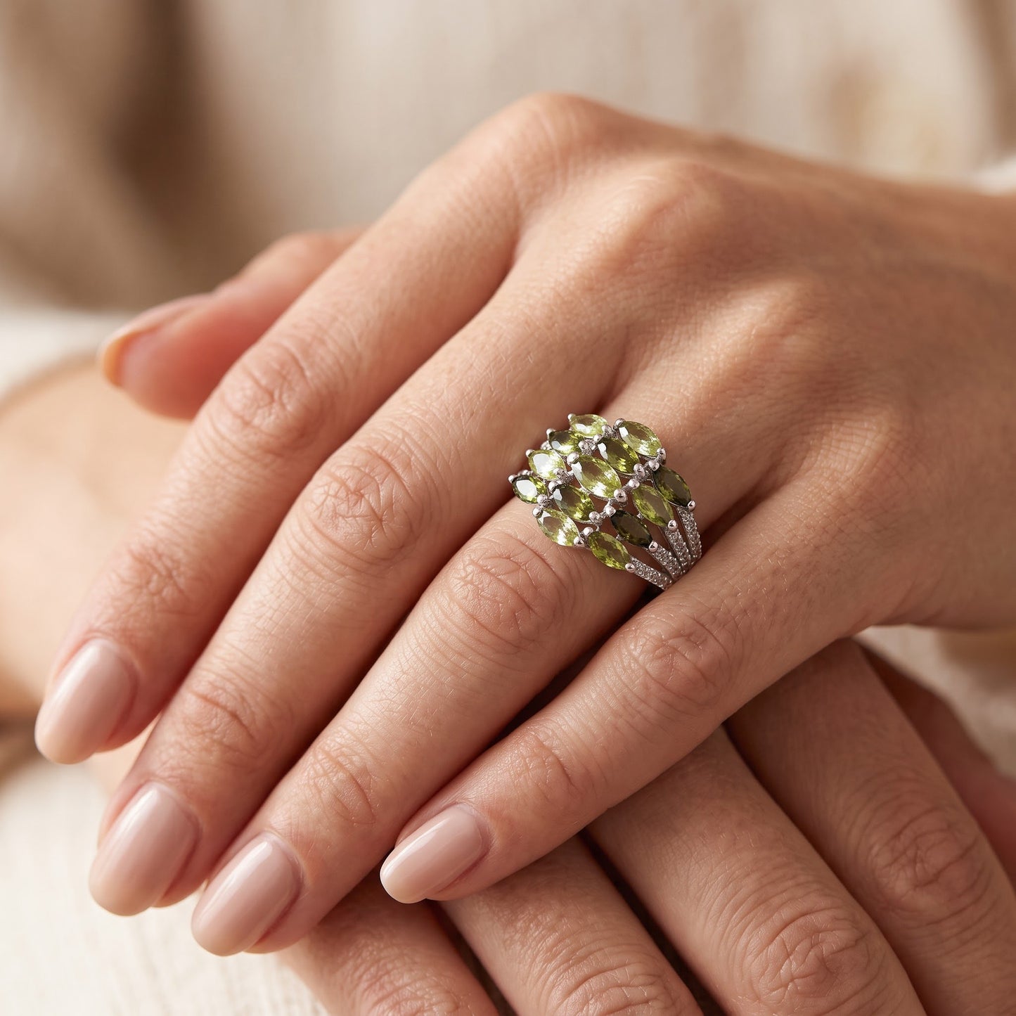 Sterling Silver Marquise Light & Dark Peridot CZ Cluster Ring for Women, Marquise Cubic Zirconia, Promise Ring Gift view 5