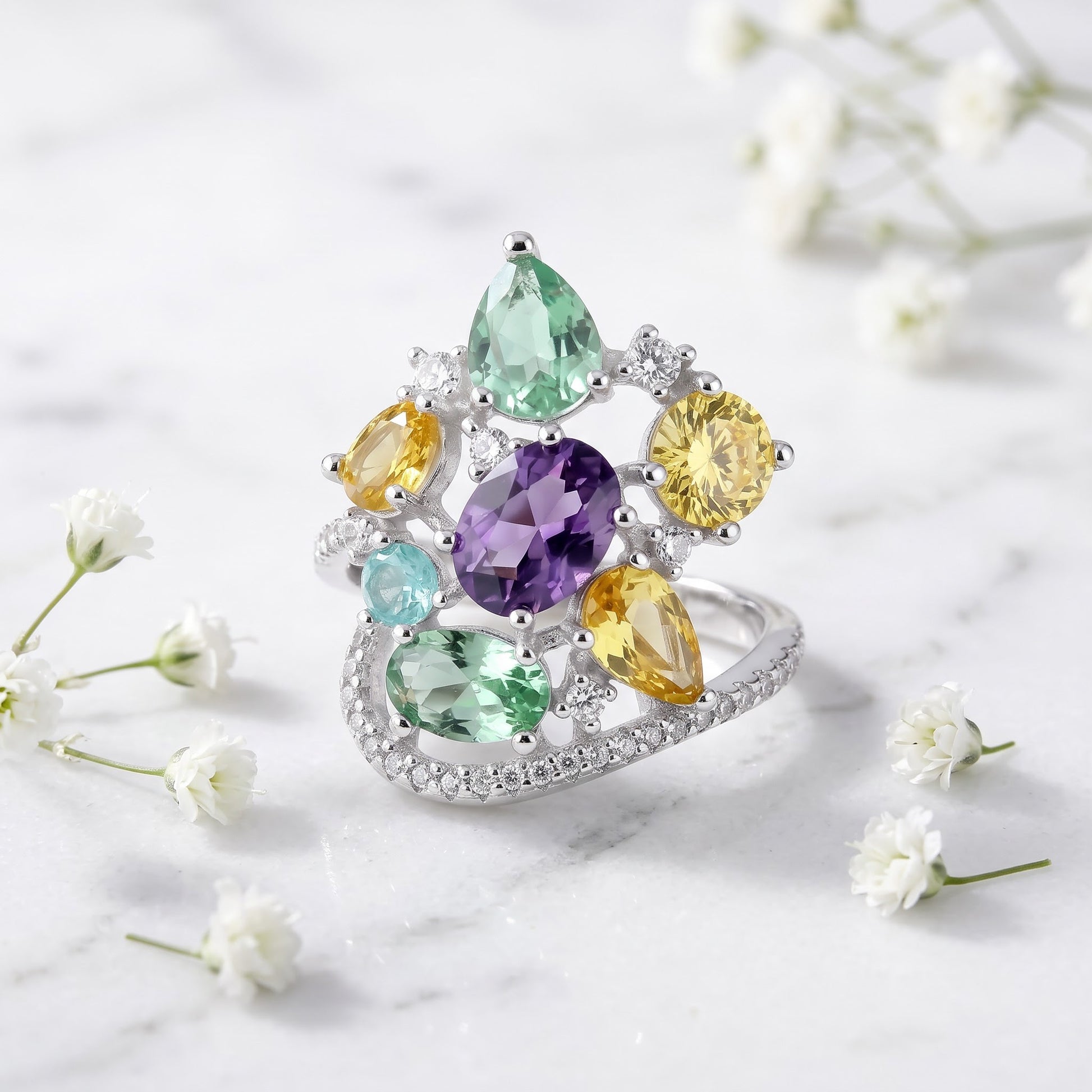 Sterling Silver Extravagant Colorful CZ Cluster Ring for Women, Cubic Zirconia, Promise Ring Gift view 1