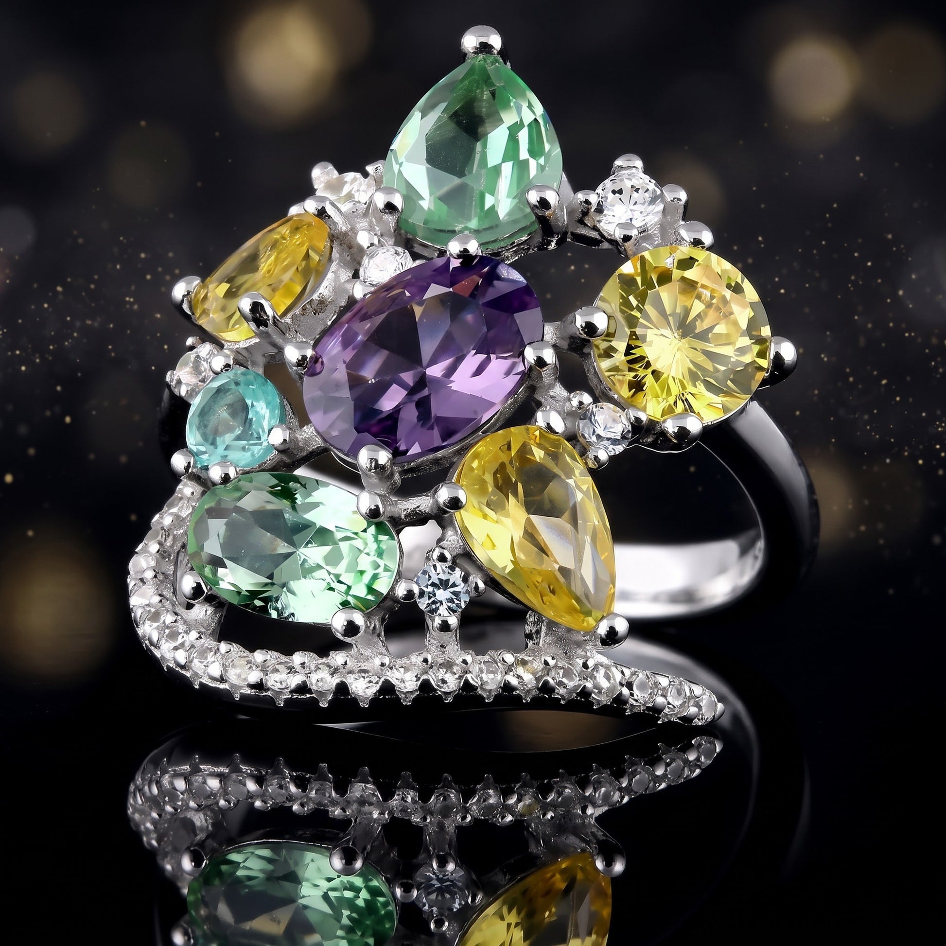 Sterling Silver Extravagant Colorful CZ Cluster Ring for Women, Cubic Zirconia, Promise Ring Gift view 4