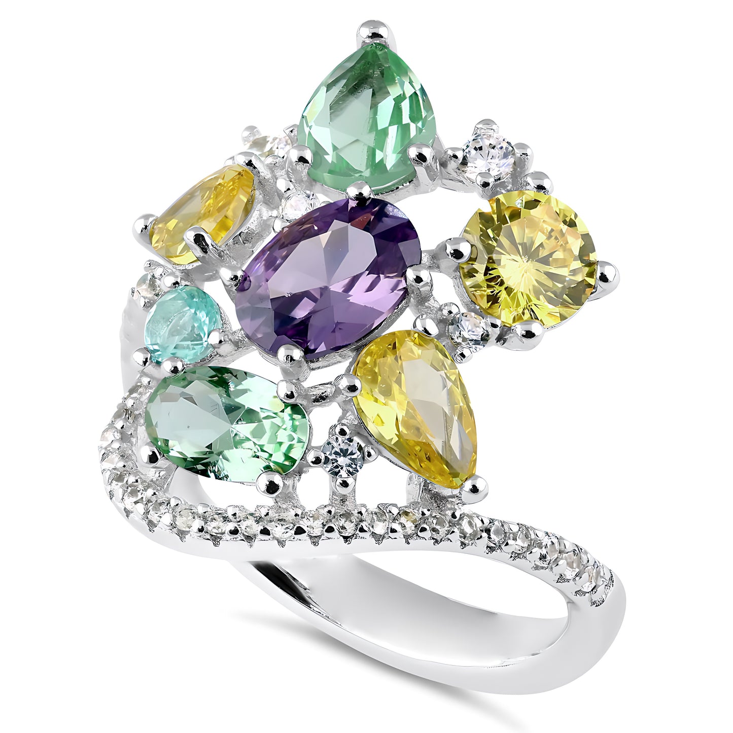 Sterling Silver Extravagant Colorful CZ Cluster Ring for Women, Cubic Zirconia, Promise Ring Gift