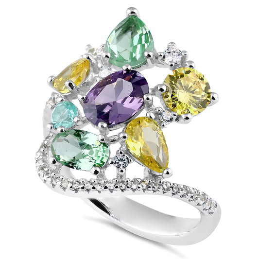Sterling Silver Extravagant Colorful CZ Cluster Ring for Women, Cubic Zirconia, Promise Ring Gift