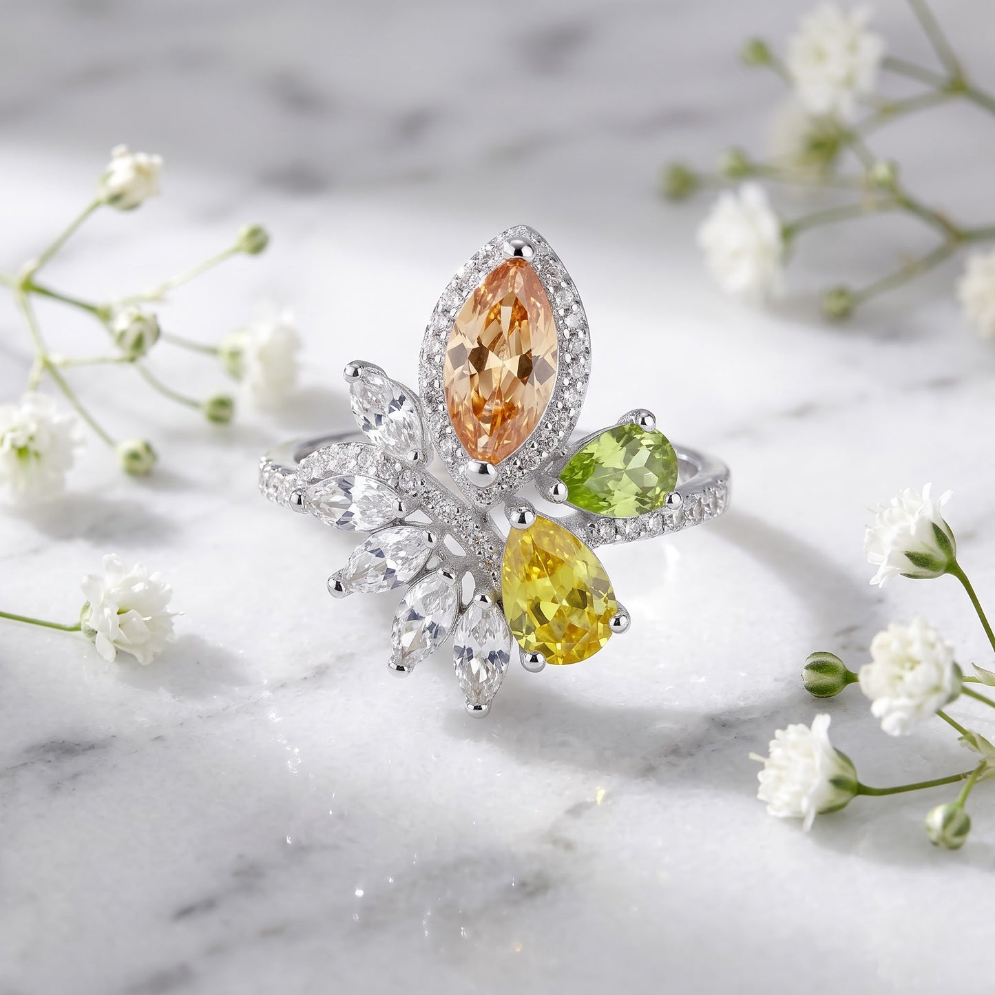 Sterling Silver Champagne Yellow & Apple Green CZ Ring for Women, Cubic Zirconia, Promise Ring Gift view 1