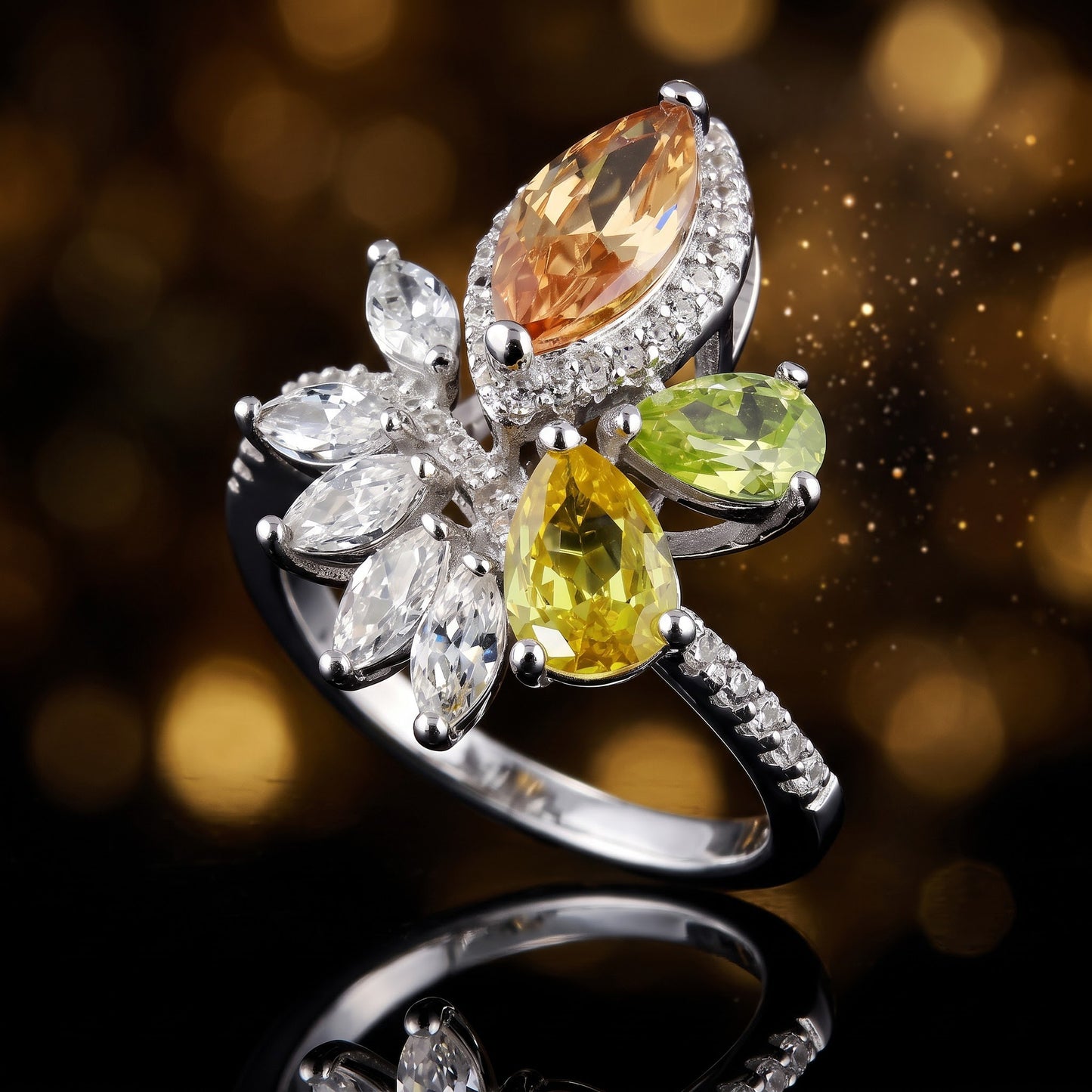 Sterling Silver Champagne Yellow & Apple Green CZ Ring for Women, Cubic Zirconia, Promise Ring Gift view 4