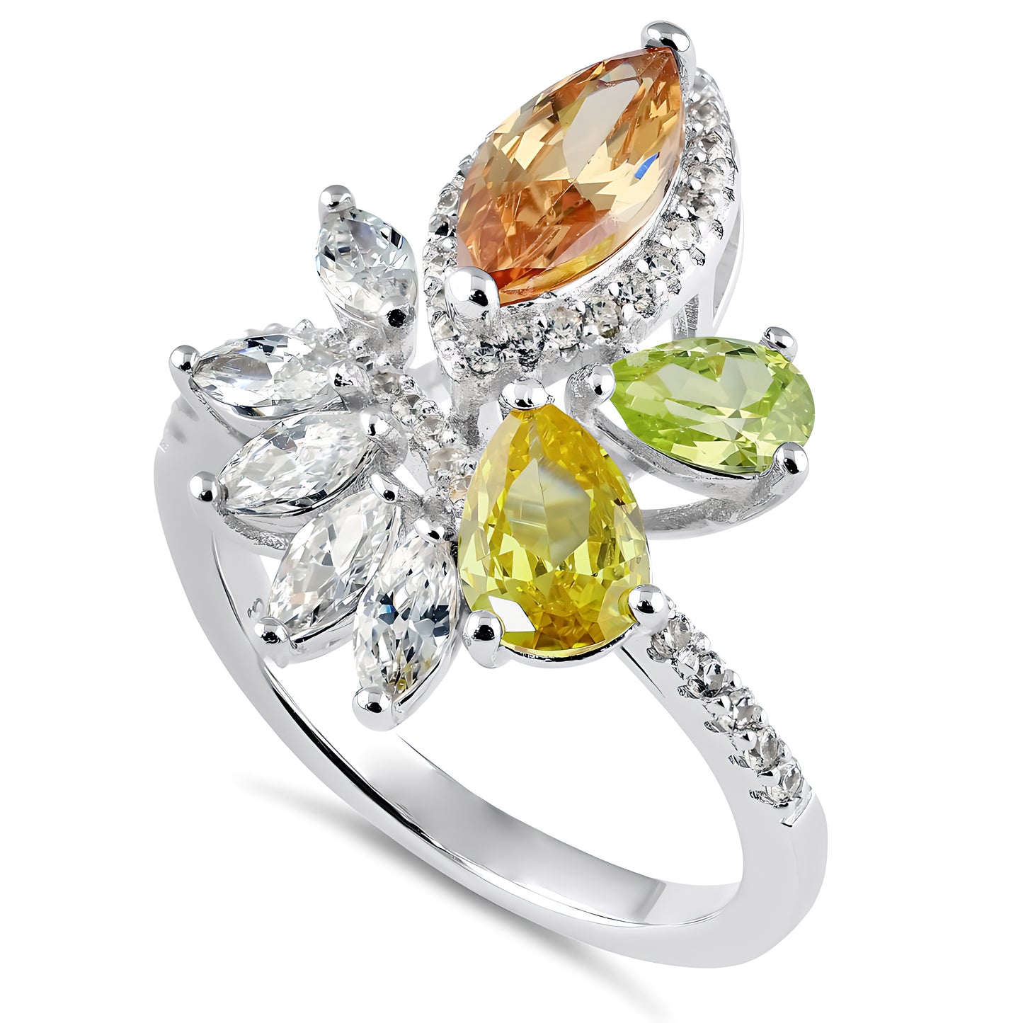 Sterling Silver Champagne Yellow & Apple Green CZ Ring for Women, Cubic Zirconia, Promise Ring Gift