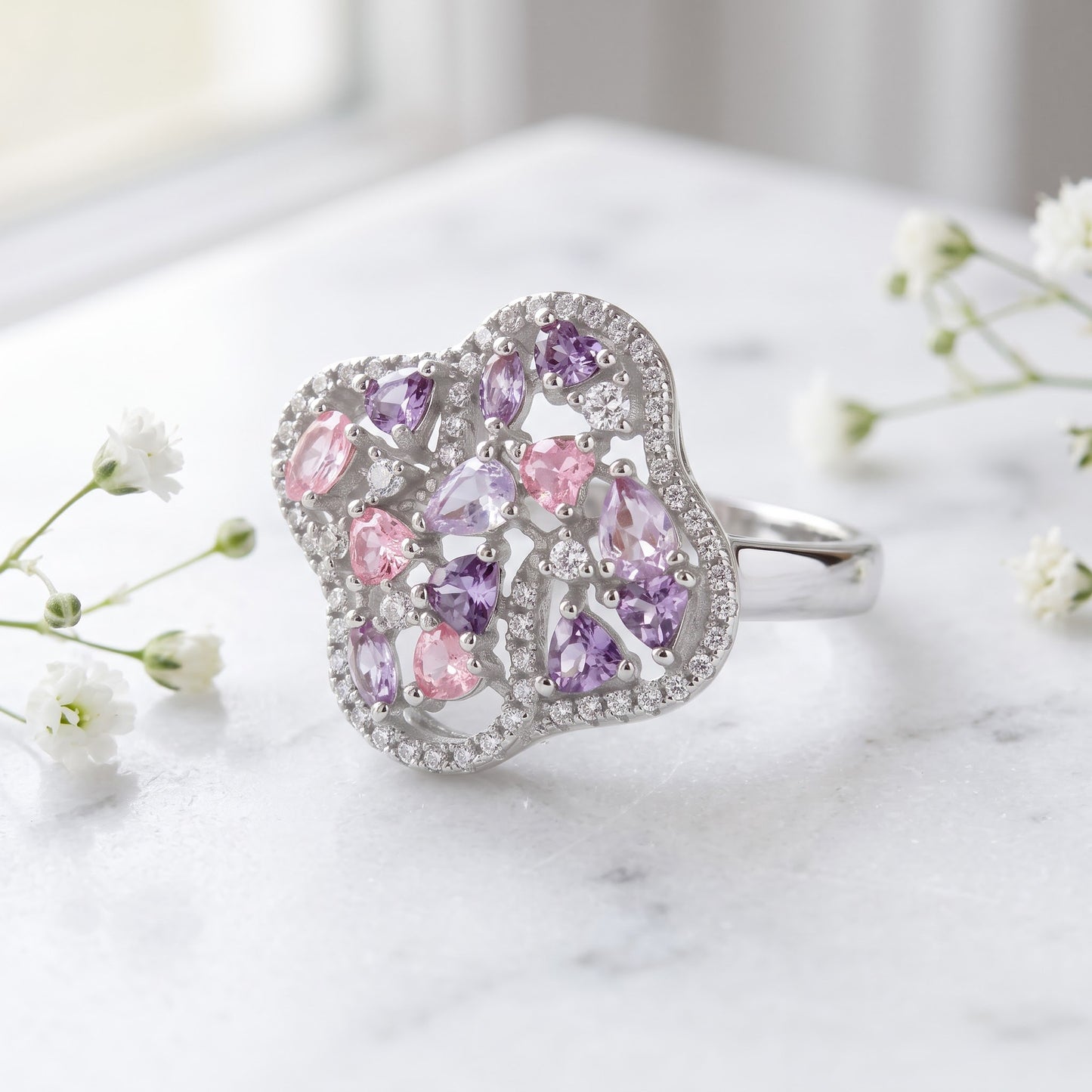 Sterling Silver Rose Gold Plated Pink & Lavender CZ Clover Cluster Ring for Women, Cubic Zirconia, Promise Ring Gift view 1