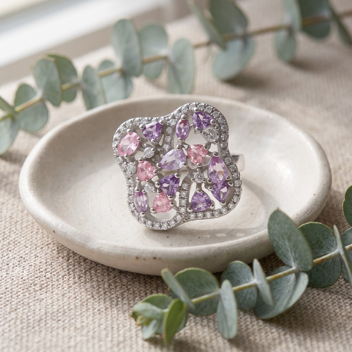 Sterling Silver Rose Gold Plated Pink & Lavender CZ Clover Cluster Ring for Women, Cubic Zirconia, Promise Ring Gift view 2