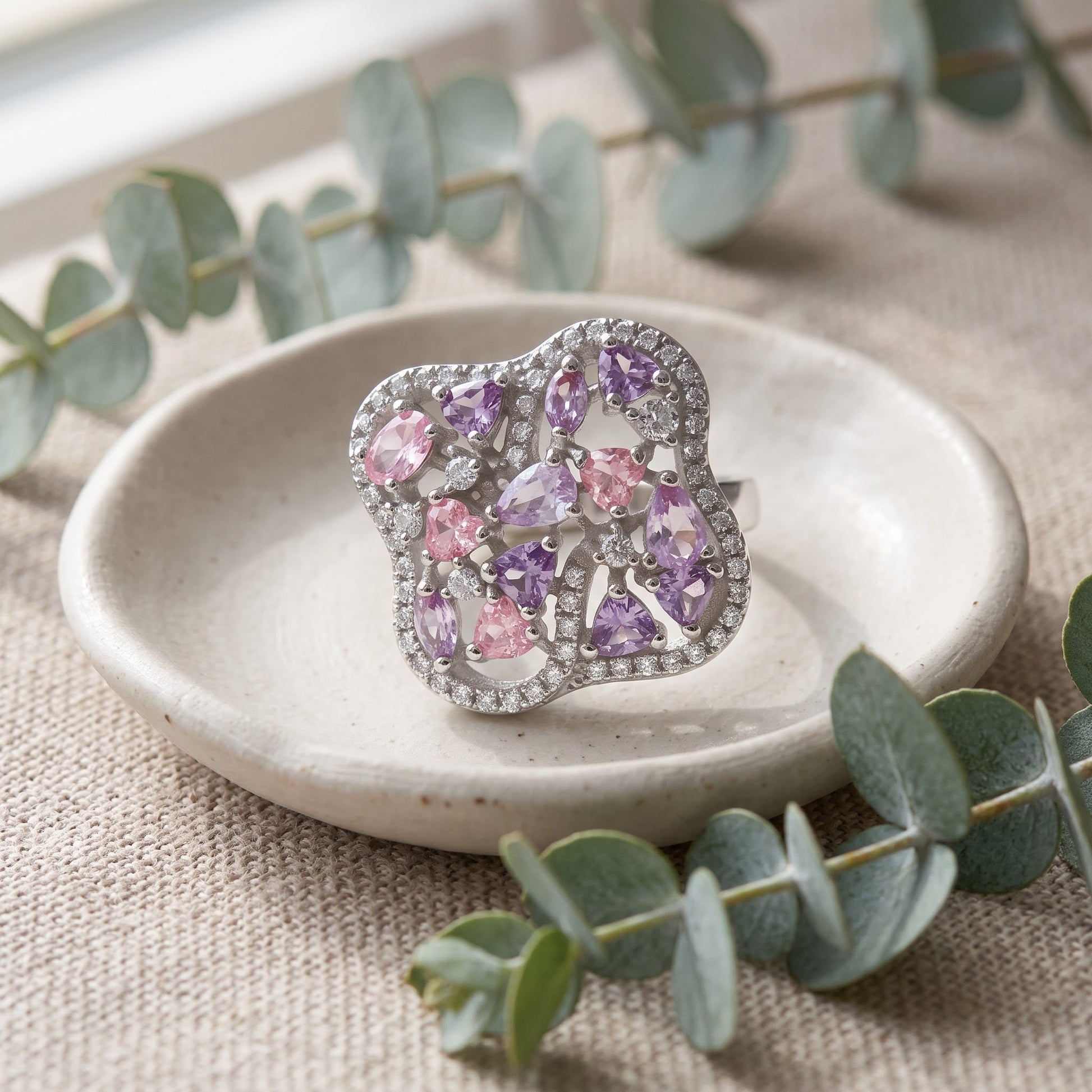 Sterling Silver Rose Gold Plated Pink & Lavender CZ Clover Cluster Ring for Women, Cubic Zirconia, Promise Ring Gift view 2