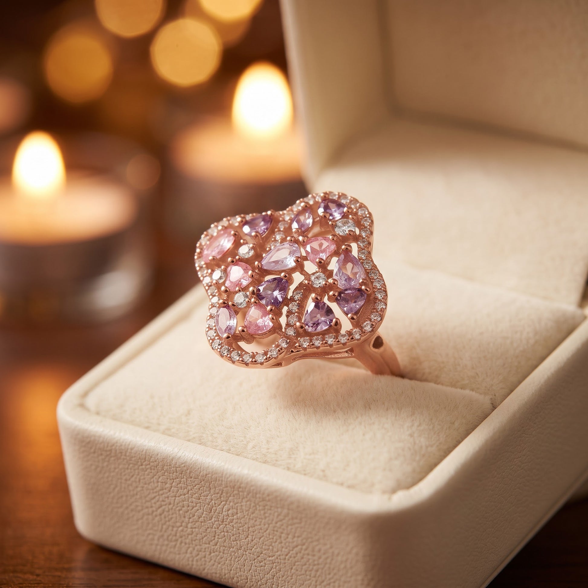 Sterling Silver Rose Gold Plated Pink & Lavender CZ Clover Cluster Ring for Women, Cubic Zirconia, Promise Ring Gift view 3