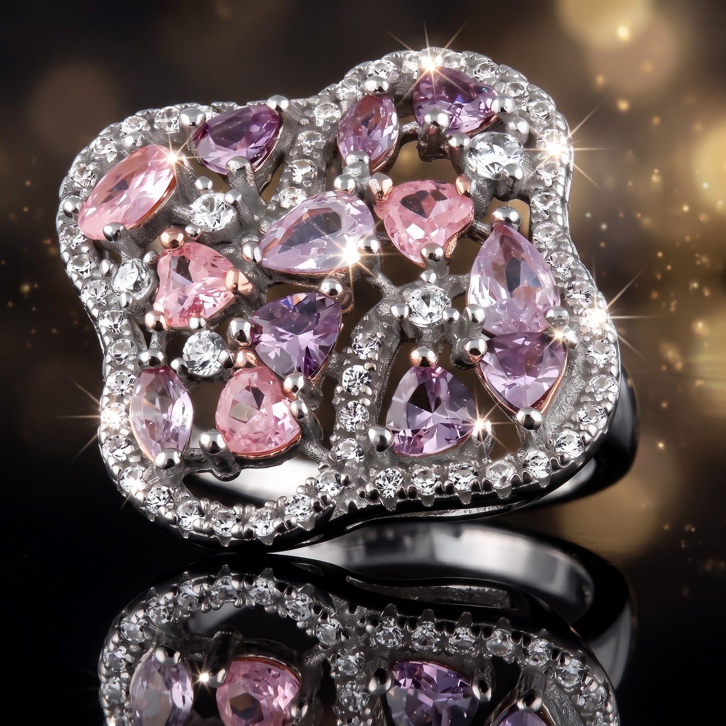 Sterling Silver Rose Gold Plated Pink & Lavender CZ Clover Cluster Ring for Women, Cubic Zirconia, Promise Ring Gift view 4