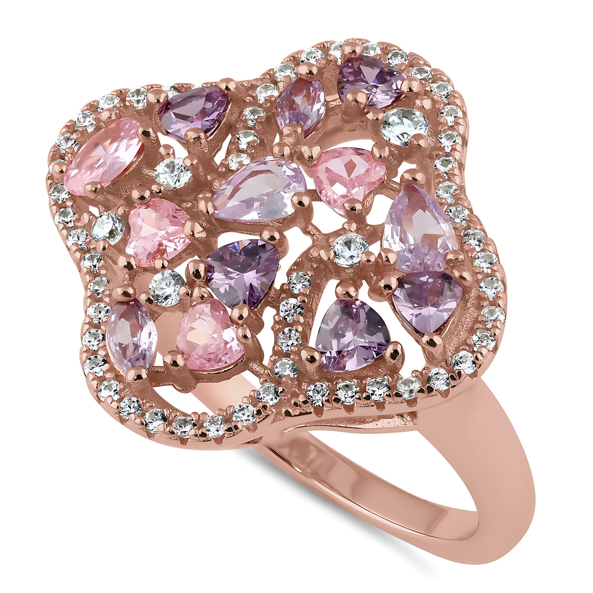 Sterling Silver Rose Gold Plated Pink & Lavender CZ Clover Cluster Ring for Women, Cubic Zirconia, Promise Ring Gift