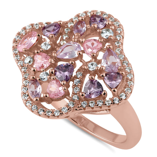 Sterling Silver Rose Gold Plated Pink & Lavender CZ Clover Cluster Ring for Women, Cubic Zirconia, Promise Ring Gift