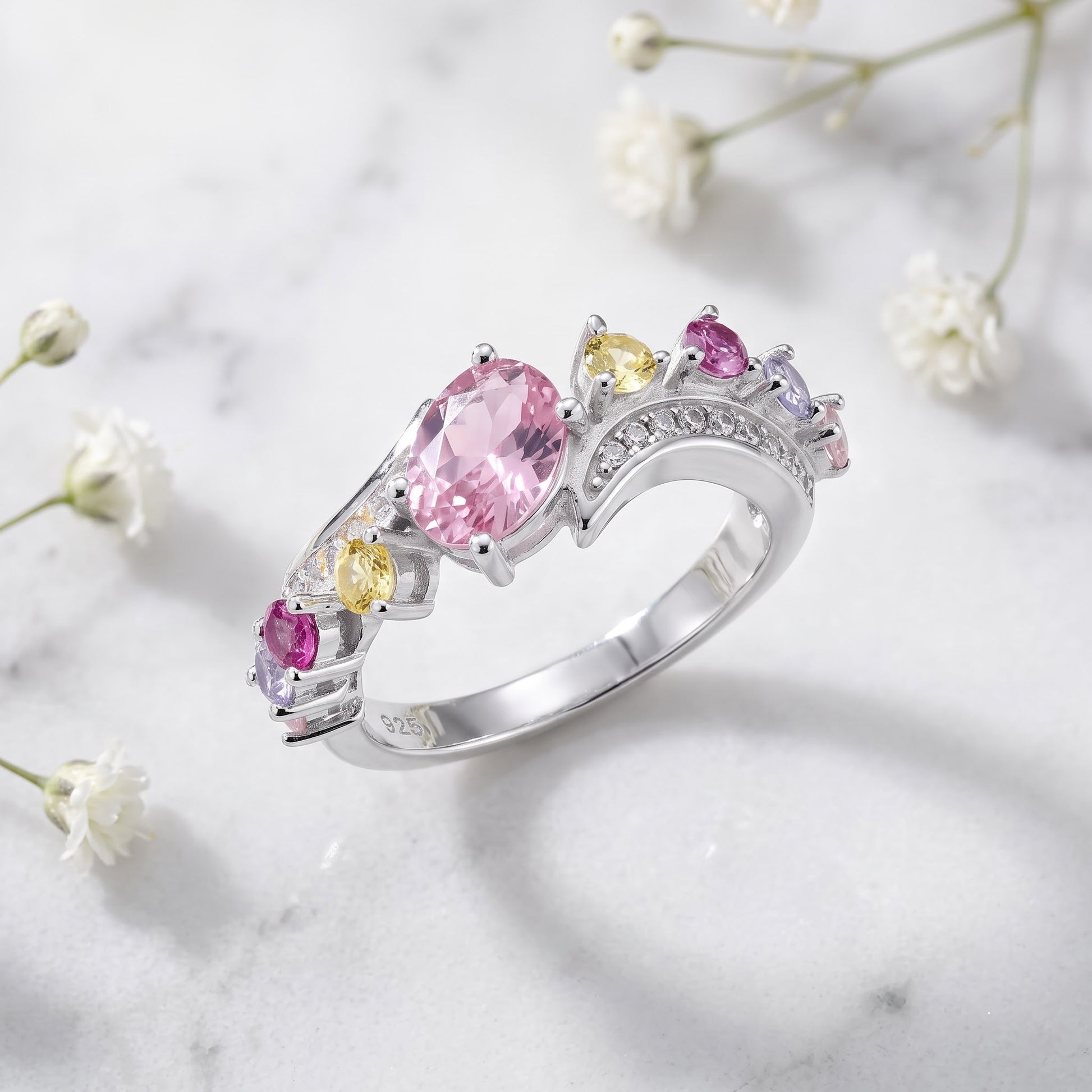 Sterling Silver Half Eternity Pink & Yellow CZ Curved Ring for Women, Cubic Zirconia, Promise Ring Gift view 1