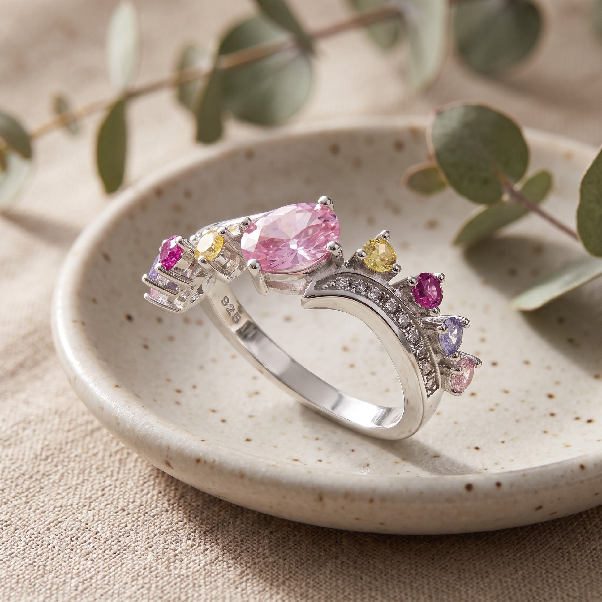 Sterling Silver Half Eternity Pink & Yellow CZ Curved Ring for Women, Cubic Zirconia, Promise Ring Gift view 2
