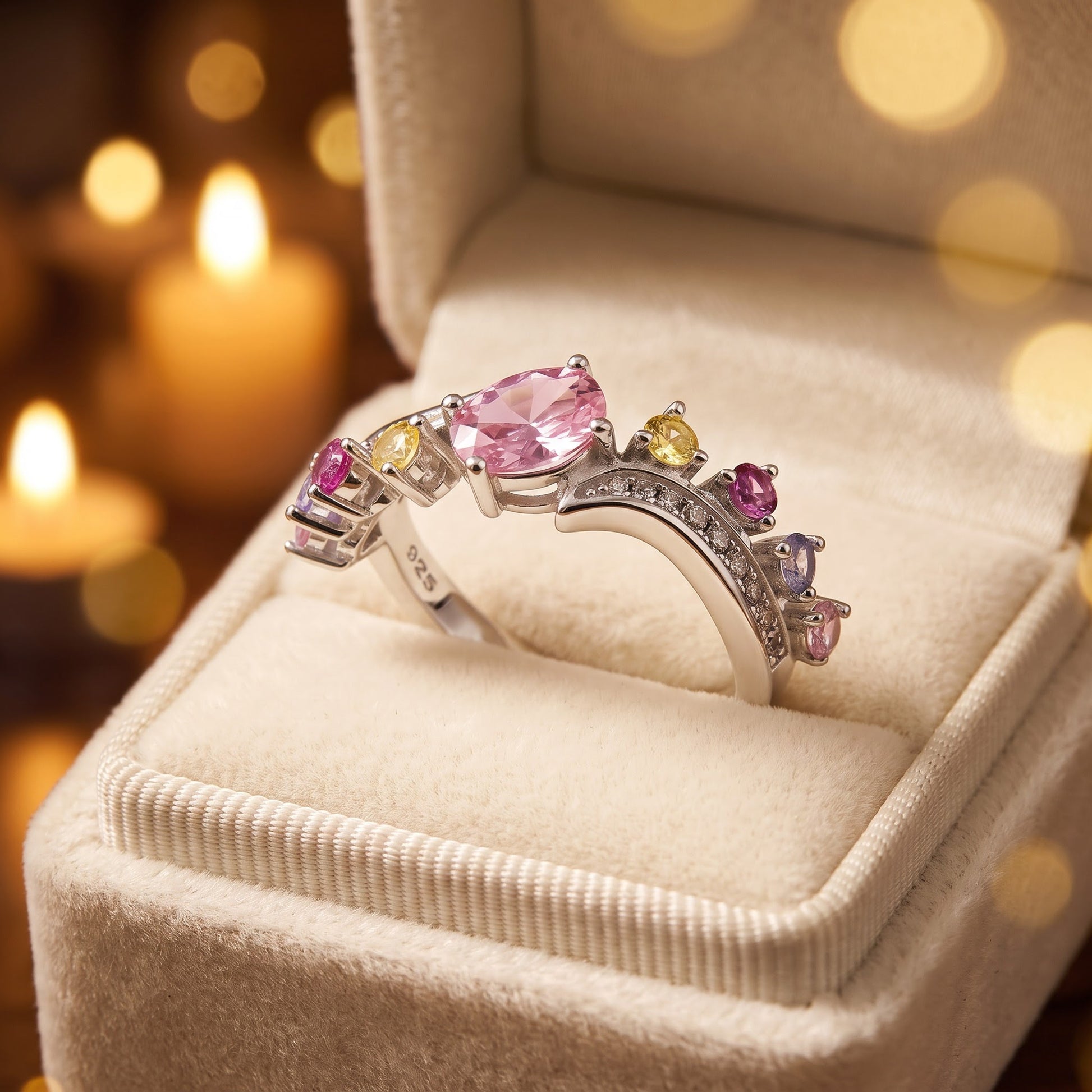 Sterling Silver Half Eternity Pink & Yellow CZ Curved Ring for Women, Cubic Zirconia, Promise Ring Gift view 3