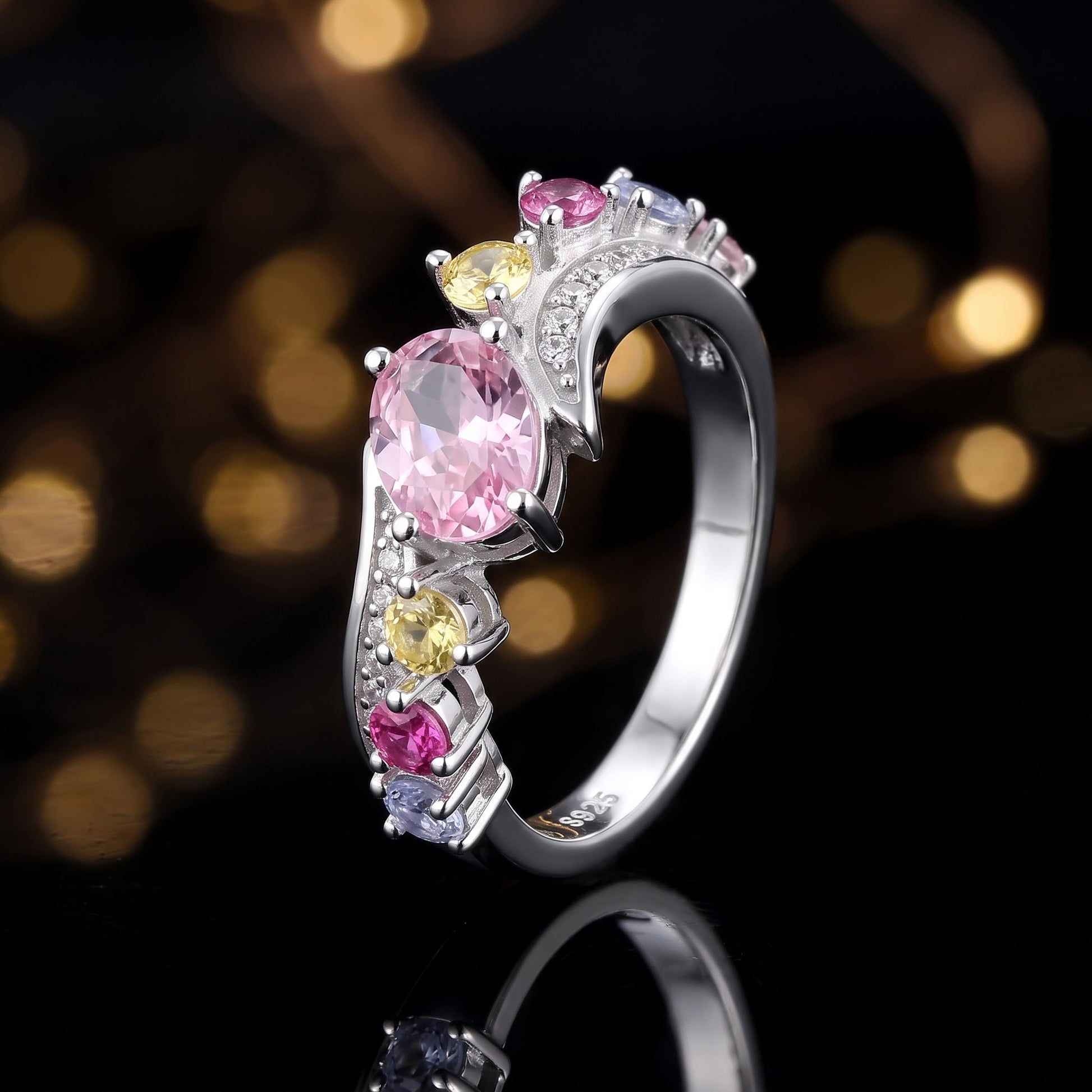 Sterling Silver Half Eternity Pink & Yellow CZ Curved Ring for Women, Cubic Zirconia, Promise Ring Gift view 4
