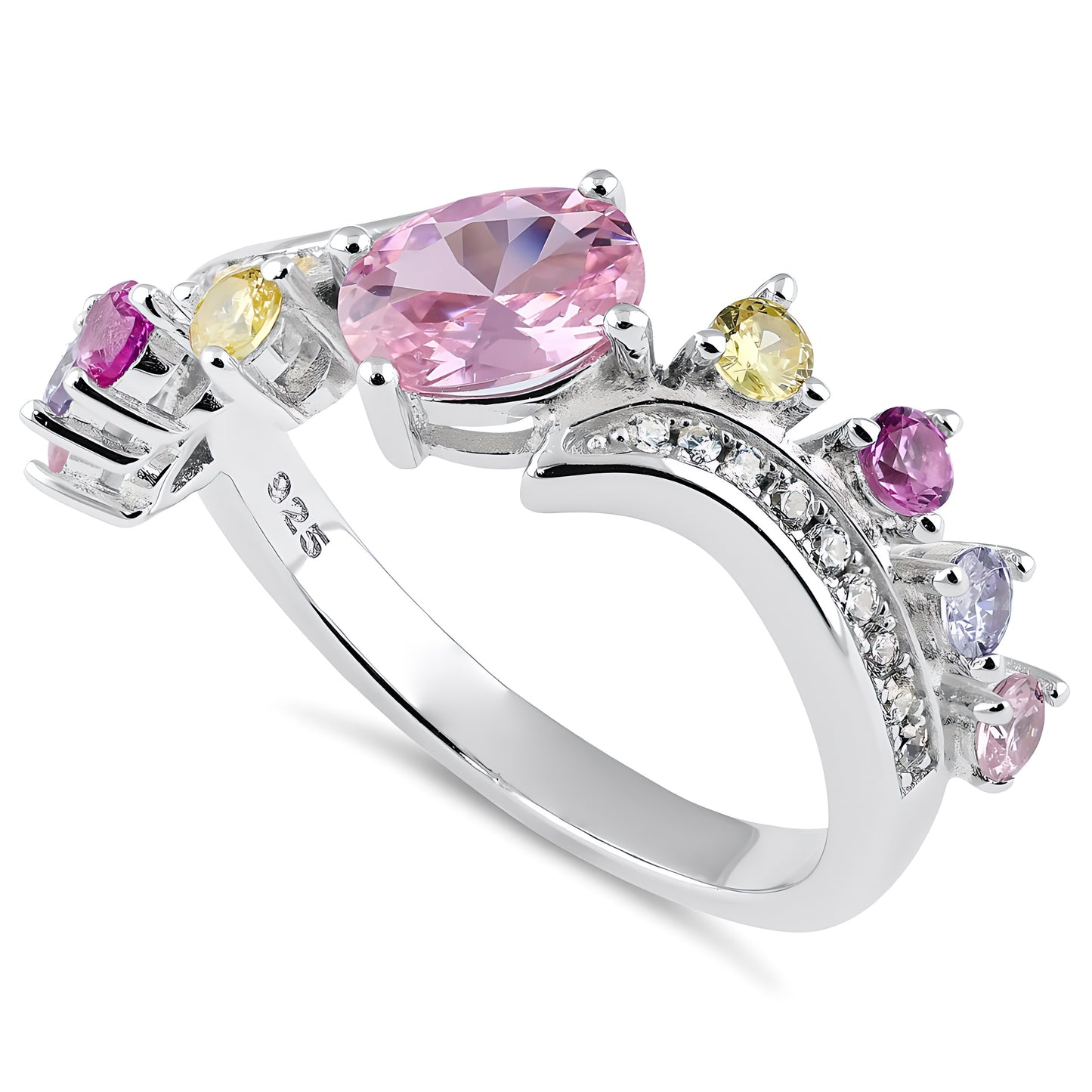 Sterling Silver Half Eternity Pink & Yellow CZ Curved Ring for Women, Cubic Zirconia, Promise Ring Gift