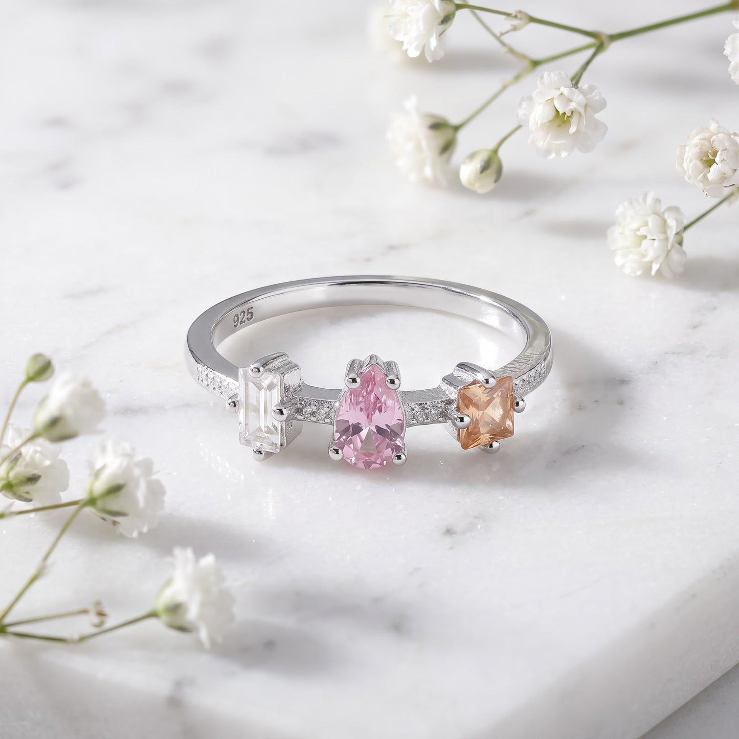 Sterling Silver Round Pear & Tapered Baguette Pink & Champagne CZ Ring for Women, Round Cubic Zirconia, Promise Ring Gift view 1