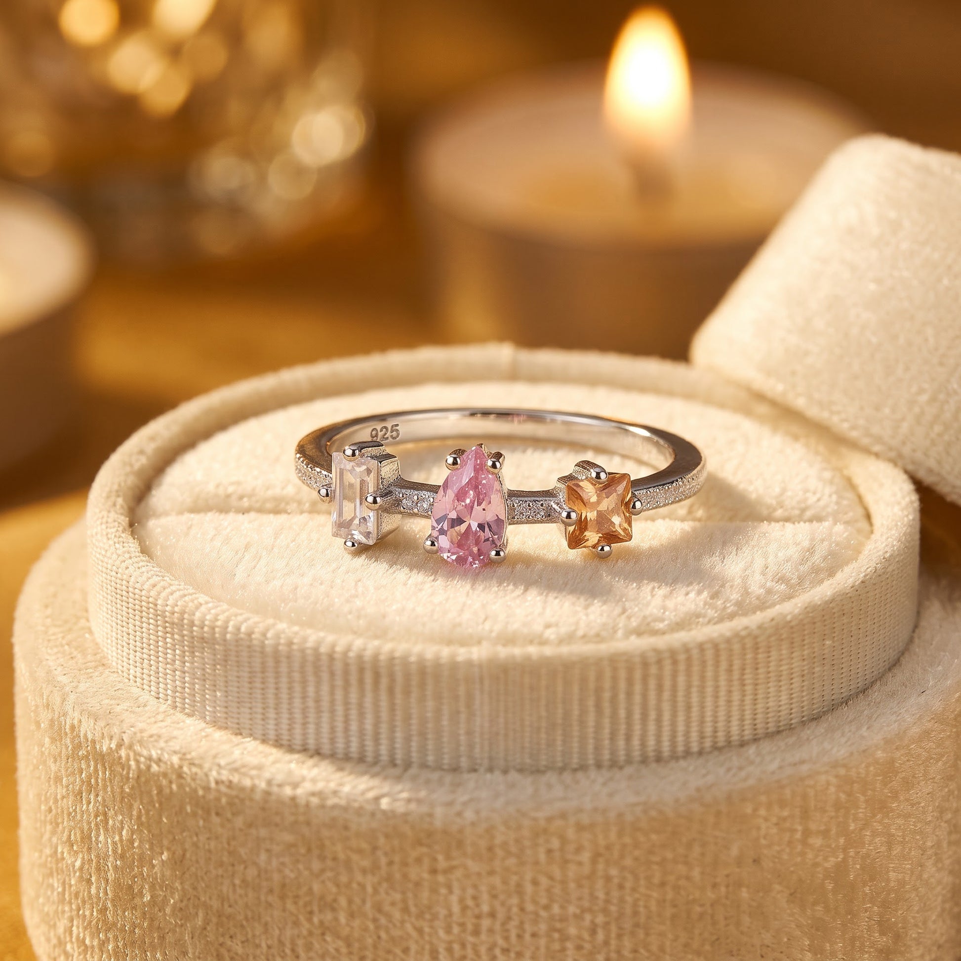 Sterling Silver Round Pear & Tapered Baguette Pink & Champagne CZ Ring for Women, Round Cubic Zirconia, Promise Ring Gift view 3
