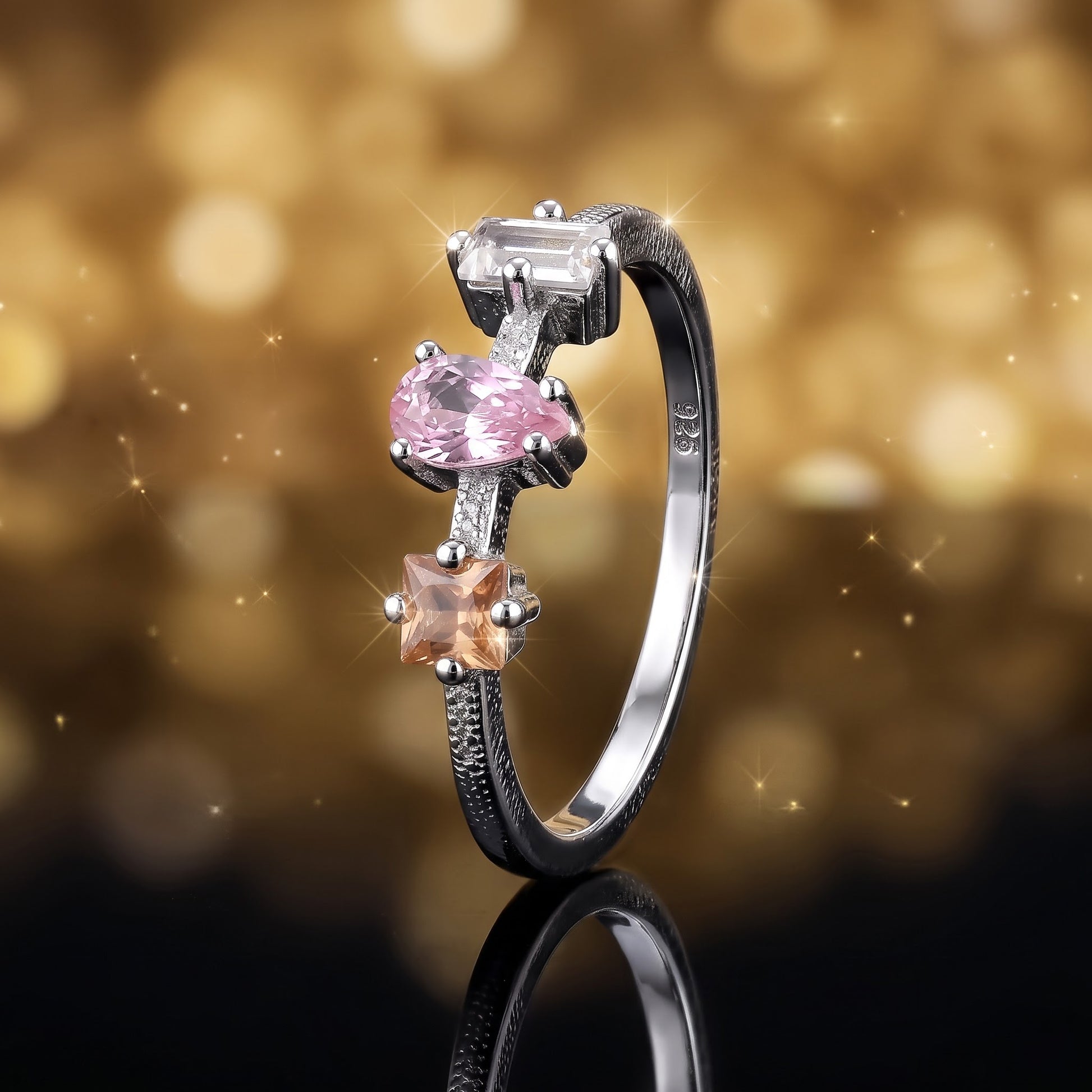 Sterling Silver Round Pear & Tapered Baguette Pink & Champagne CZ Ring for Women, Round Cubic Zirconia, Promise Ring Gift view 4