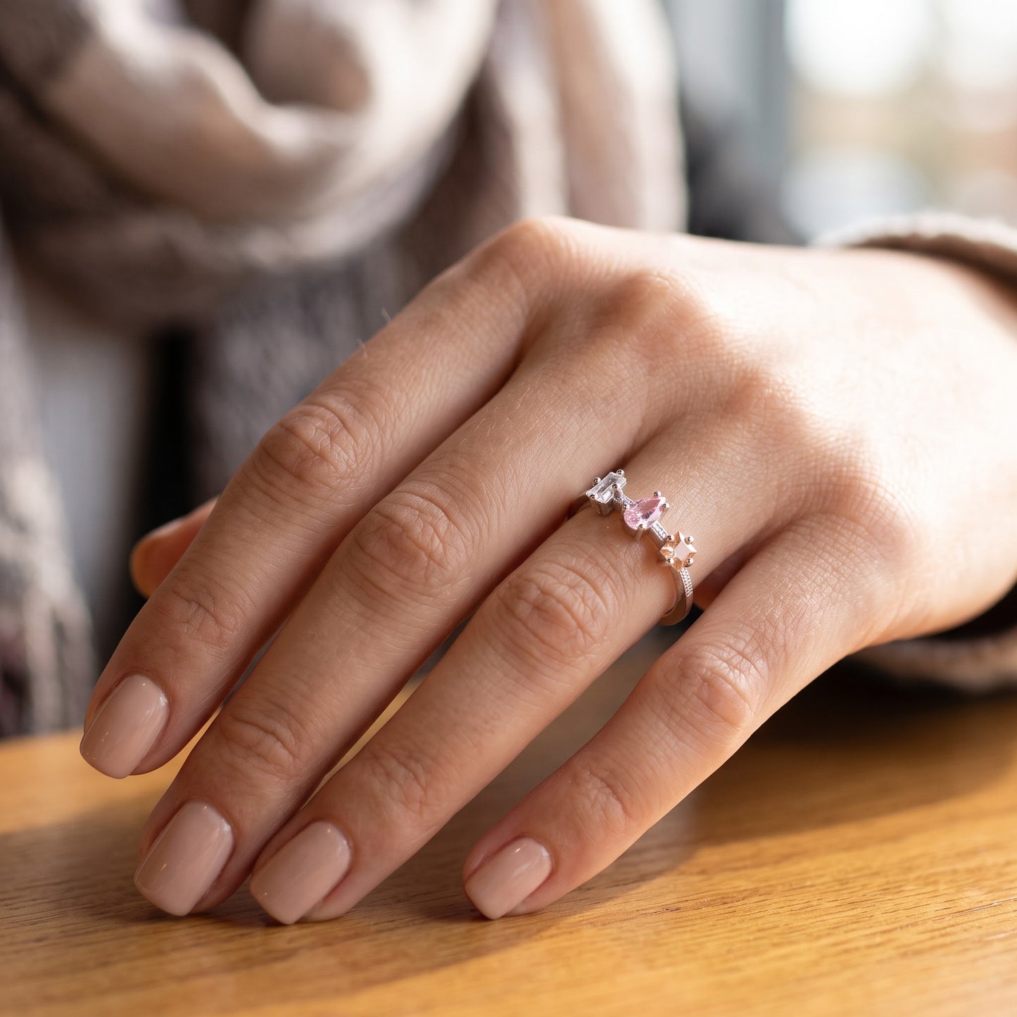 Sterling Silver Round Pear & Tapered Baguette Pink & Champagne CZ Ring for Women, Round Cubic Zirconia, Promise Ring Gift view 5