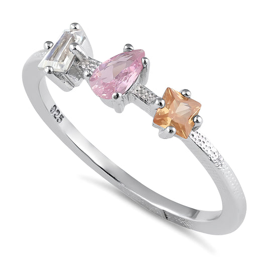 Sterling Silver Round Pear & Tapered Baguette Pink & Champagne CZ Ring for Women, Round Cubic Zirconia, Promise Ring Gift